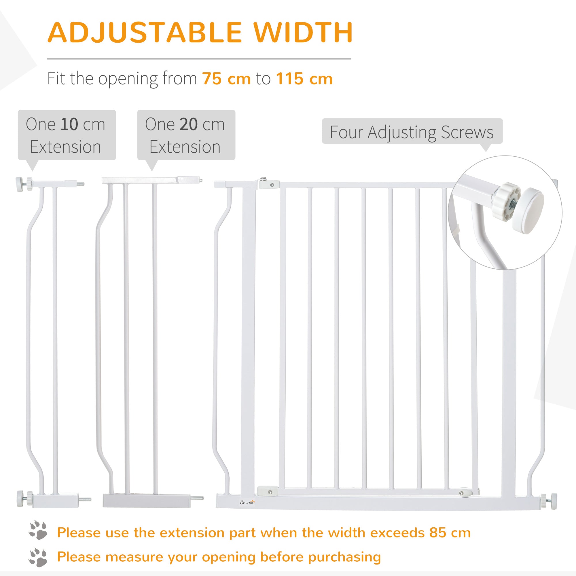 Expandable Dog Gate with Door pressure,75-115cm Doorway Pet Barrier Fence for Hallways, Staircases, White