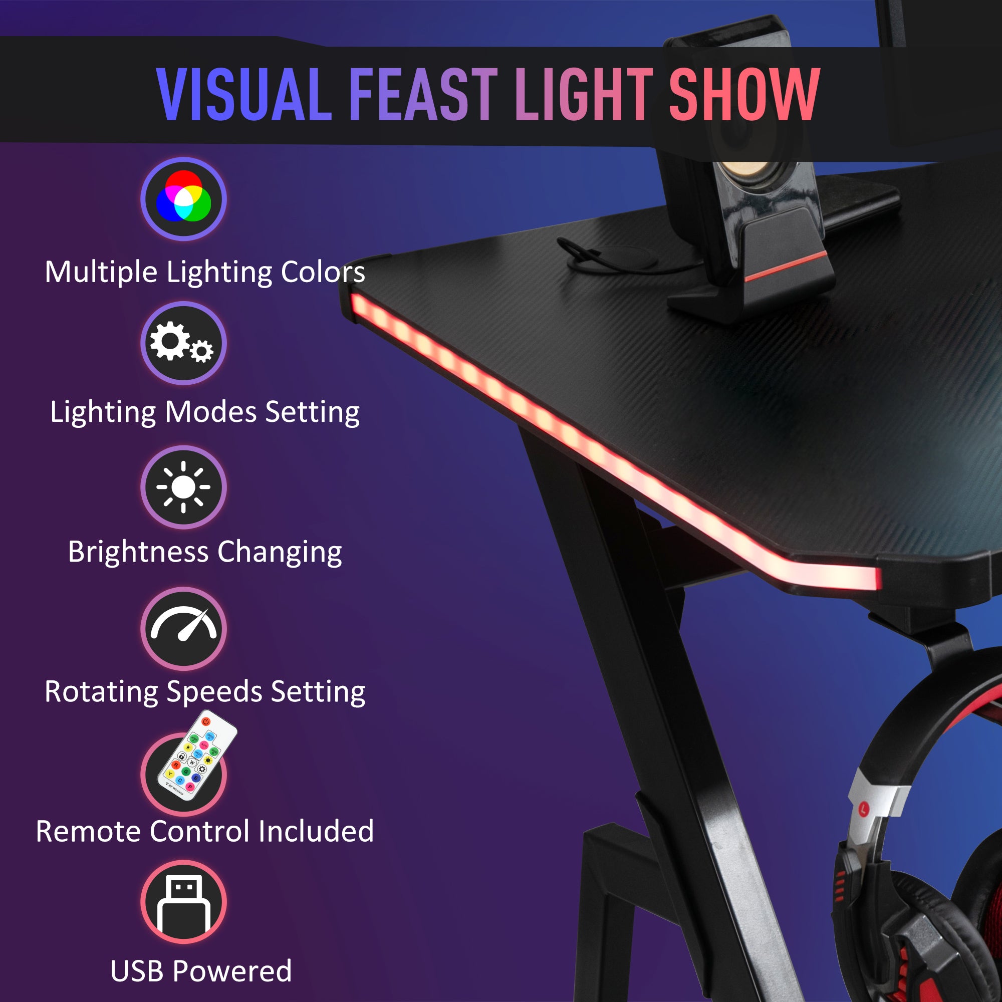 Gaming Desk Racing Style Home Office Ergonomic Computer Table Workstation with RGB LED Lights, Black