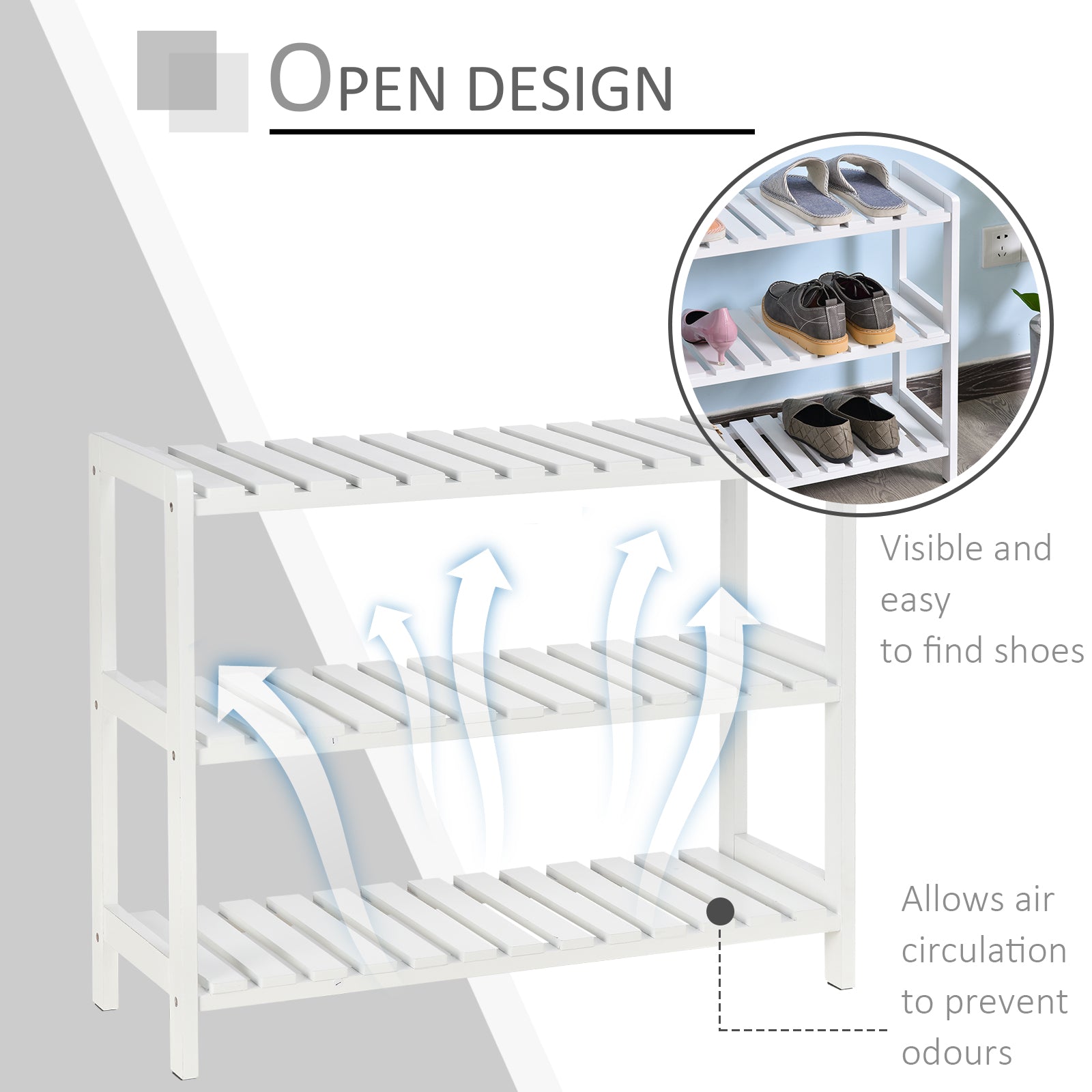 3-Tier Shoe Rack Wood Frame Slatted Shelves Spacious Open Hygienic Storage Home Hallway Furniture Family Guests 70L x 26W x 57.5H cm - White