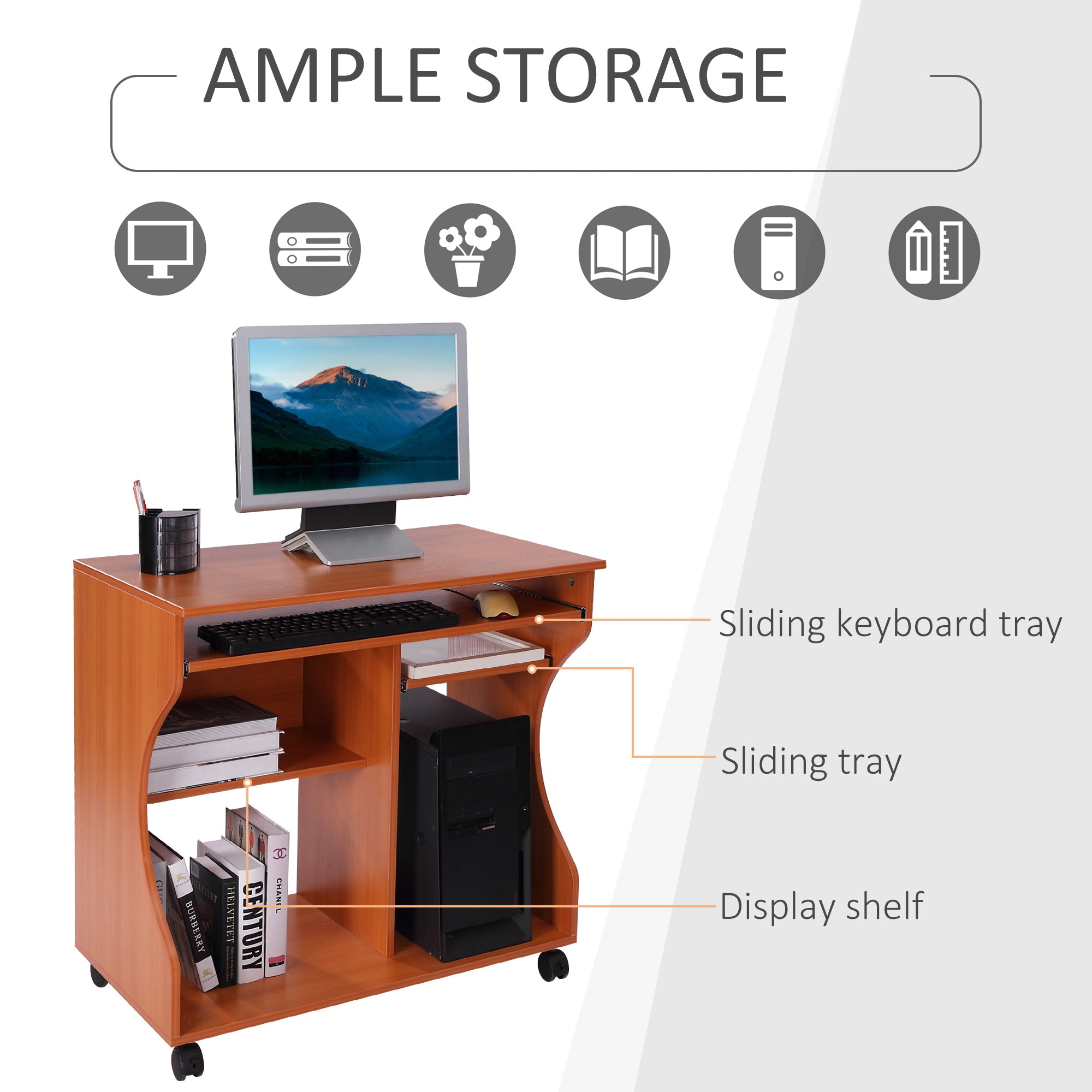 Movable Computer Desk with Sliding Keyboard Tray, PC Laptop Table with Storage Shelves, Workstation on Wheels, 80x48x76cm