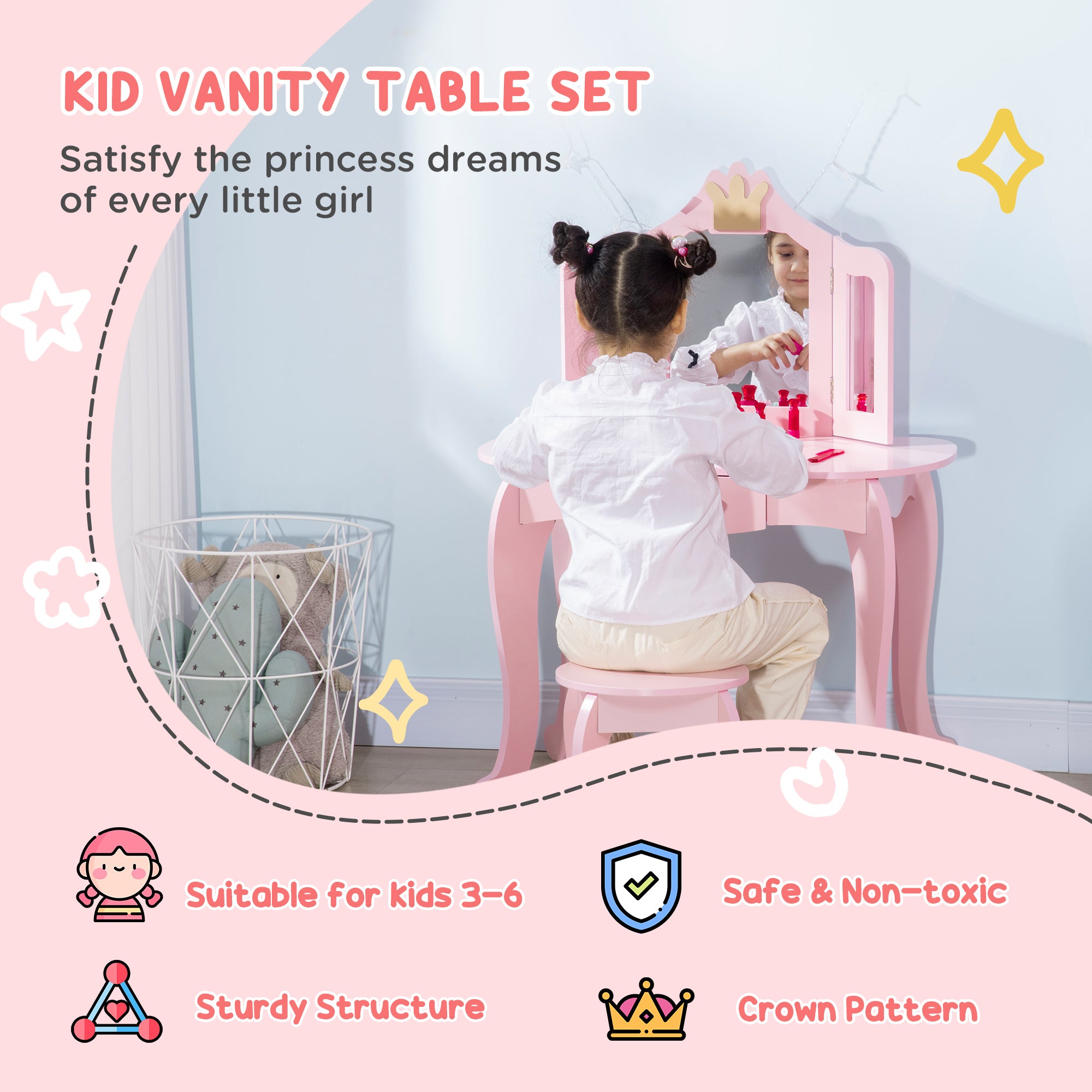 Kids Dressing Table with Mirror and Stool, Kids Vanity Set, Girl Makeup Desk with Rotatable Mirrors and Drawer, Pink