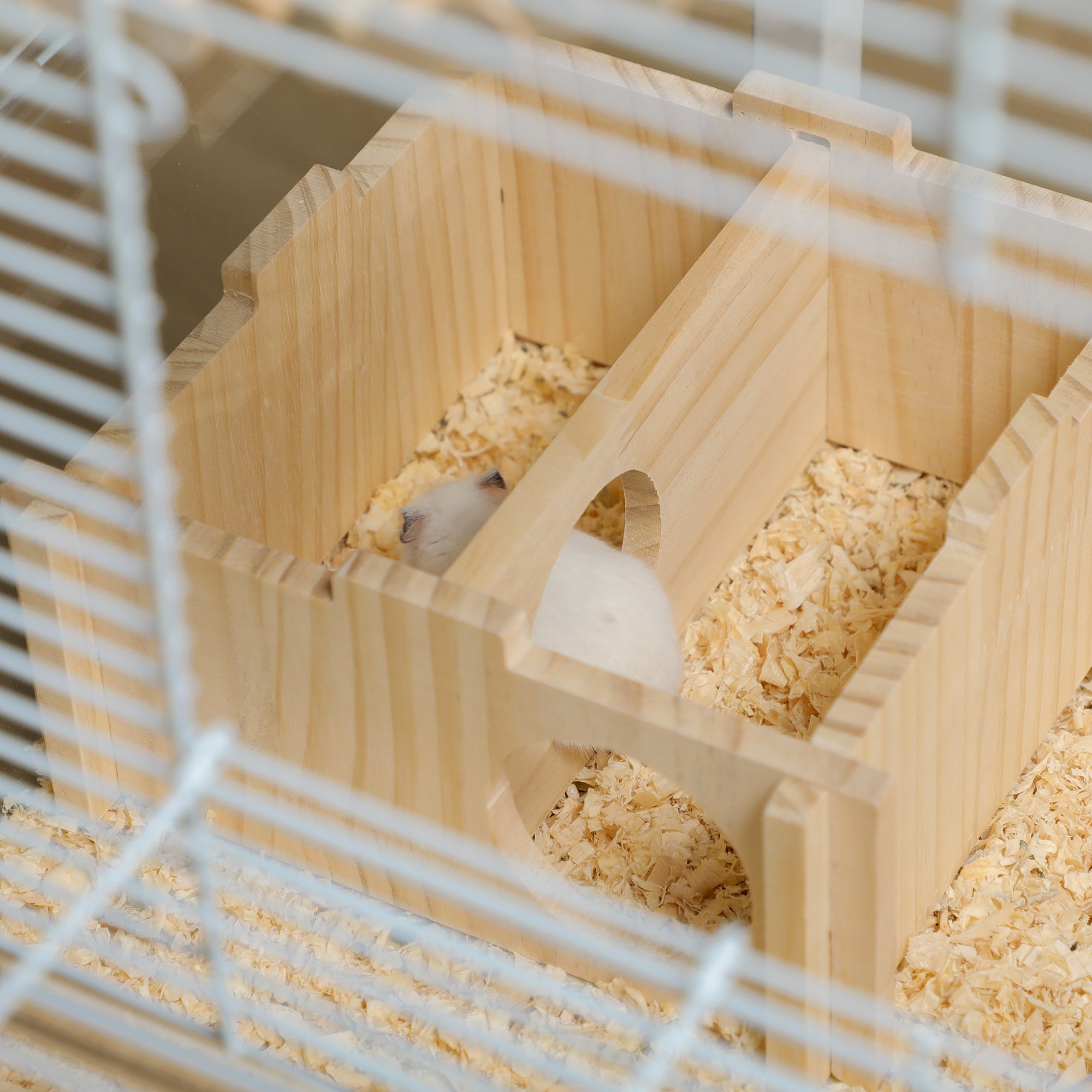 Hamster Cage, Gerbilarium Cage, Wooden Ramp, Exercise Wheel, Food Bowl, Natural Tone and White