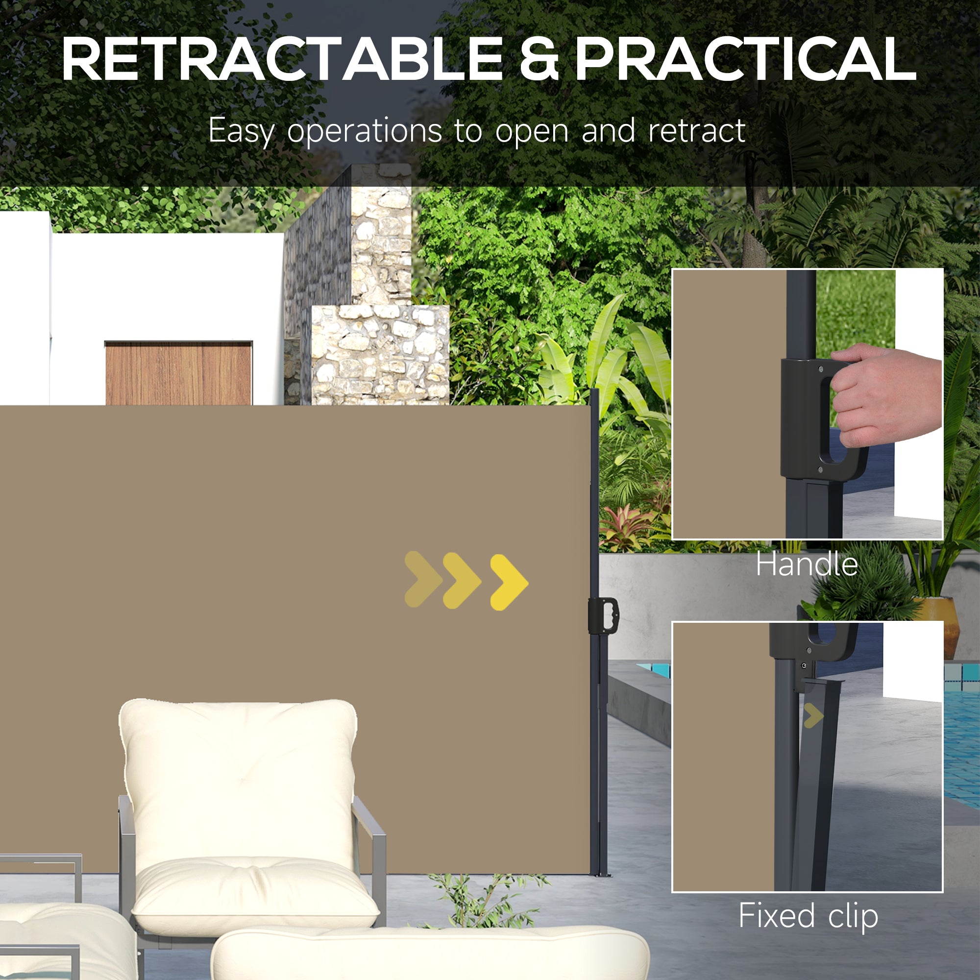 Retractable Outdoor Privacy Screen Awning with UV Protection - Khaki