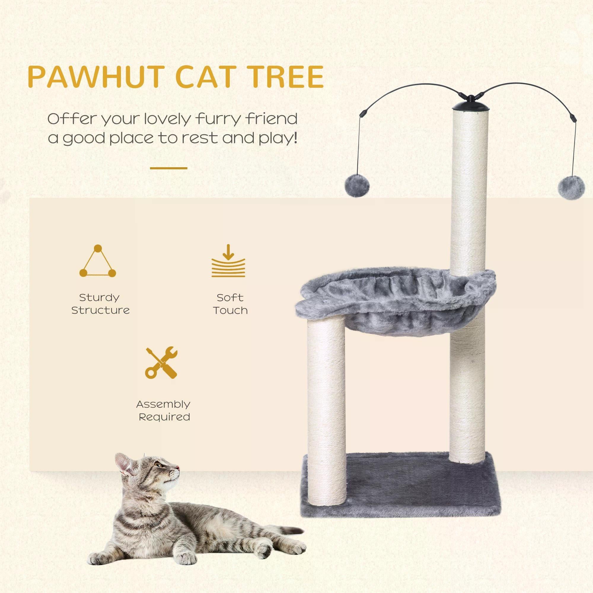 83cm Cat Tree Tower with Sisal Scratching Post Hammock Interactive Ball Toy Kitten Play House Activity Center Furniture Grey