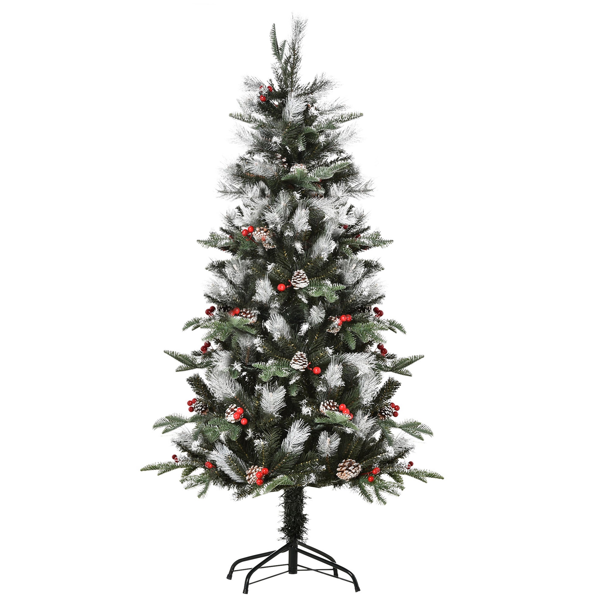 5FT Artificial Snow Dipped Christmas Tree Xmas Pencil Tree Holiday Home Party Decoration with Foldable Feet Red Berries White Pinecones, Green