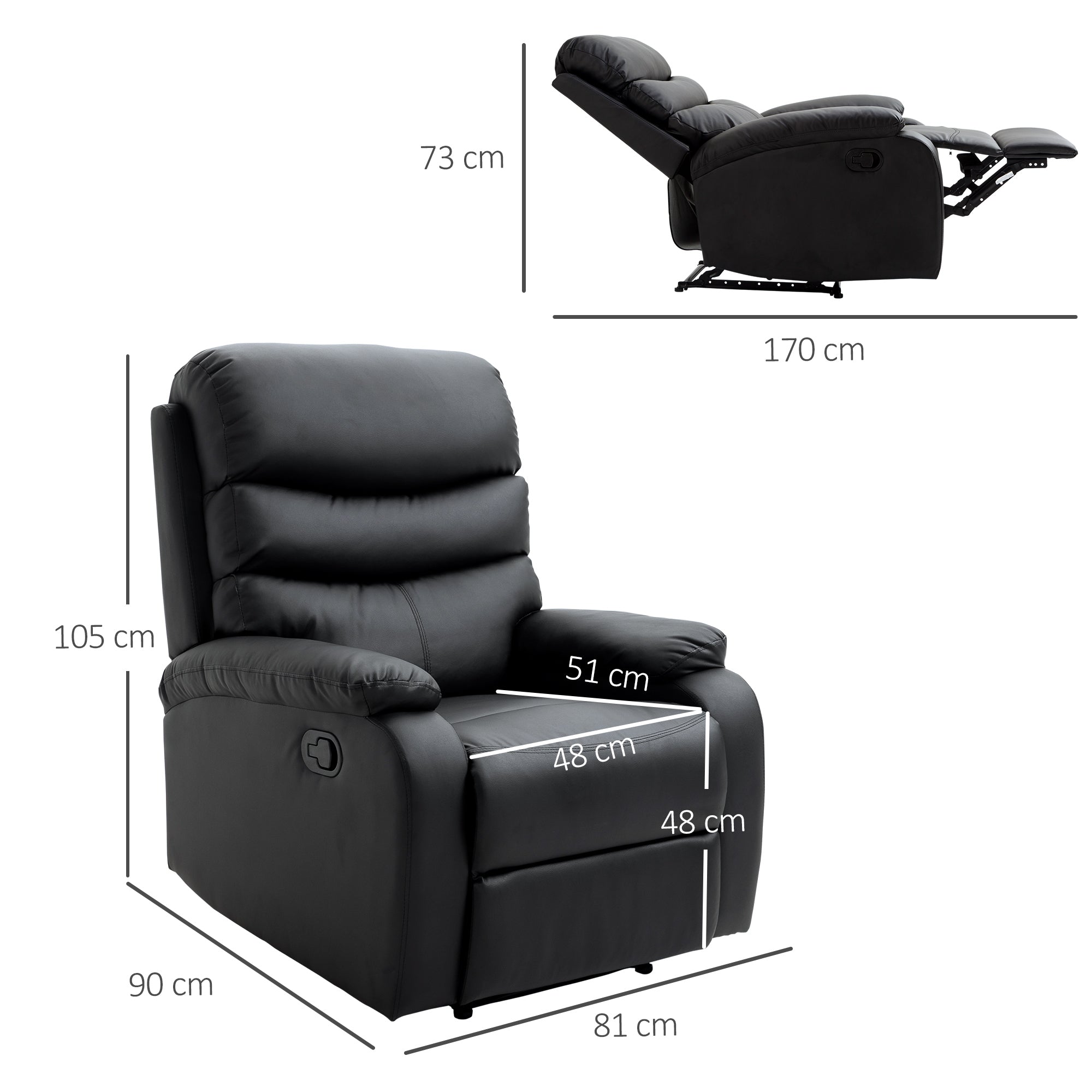 PU Leather Reclining Chair, Manual Recliner Chair with Padded Armrests, Retractable Footrest and Wood Frame, Black