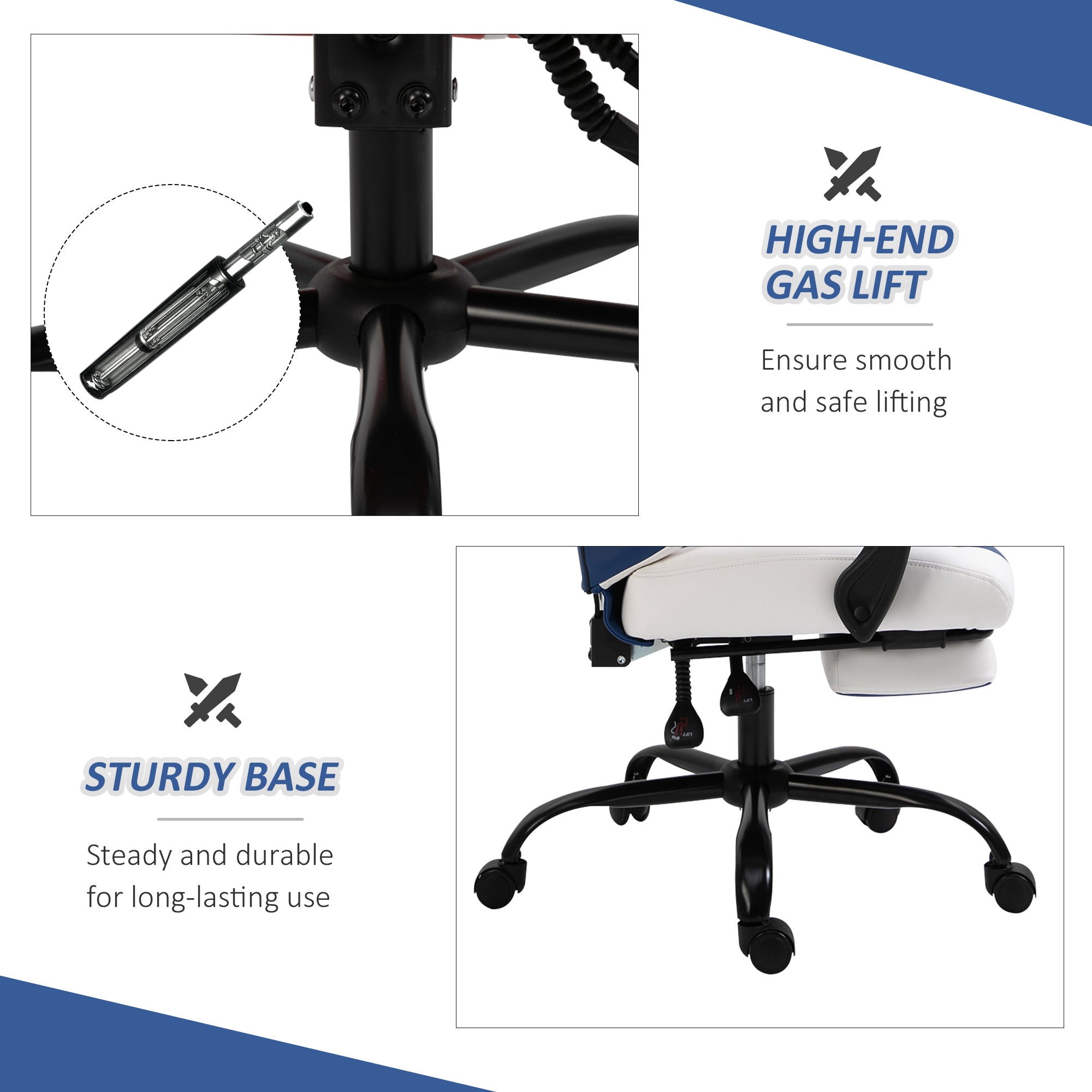 PU Leather Gaming Chair w/ Headrest, Footrest, Wheels, Adjustable Height, Racing Gamer Recliner, Blue White