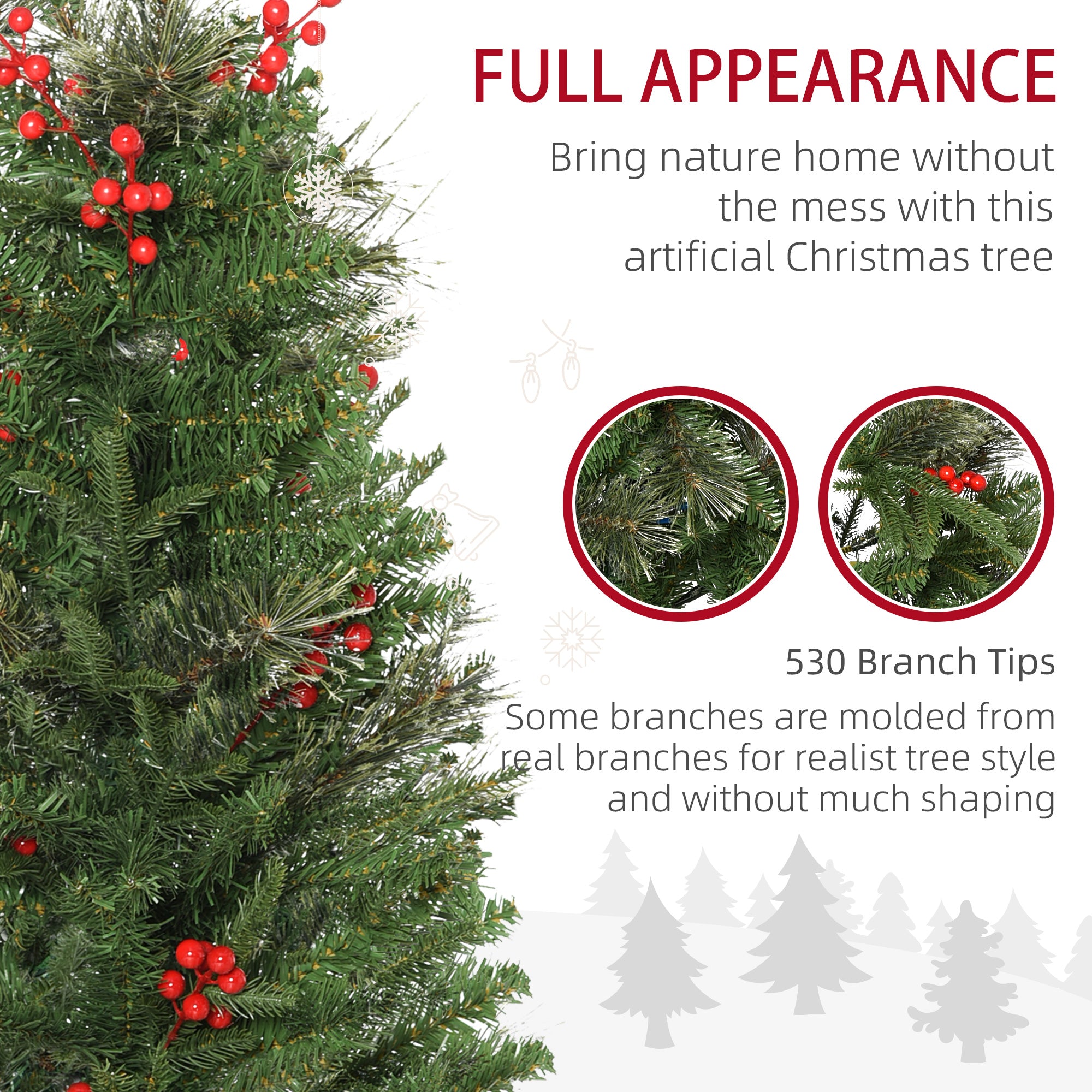 Pencil Artificial Christmas Tree with Realistic Branches, Red Berries, Auto Open, Green