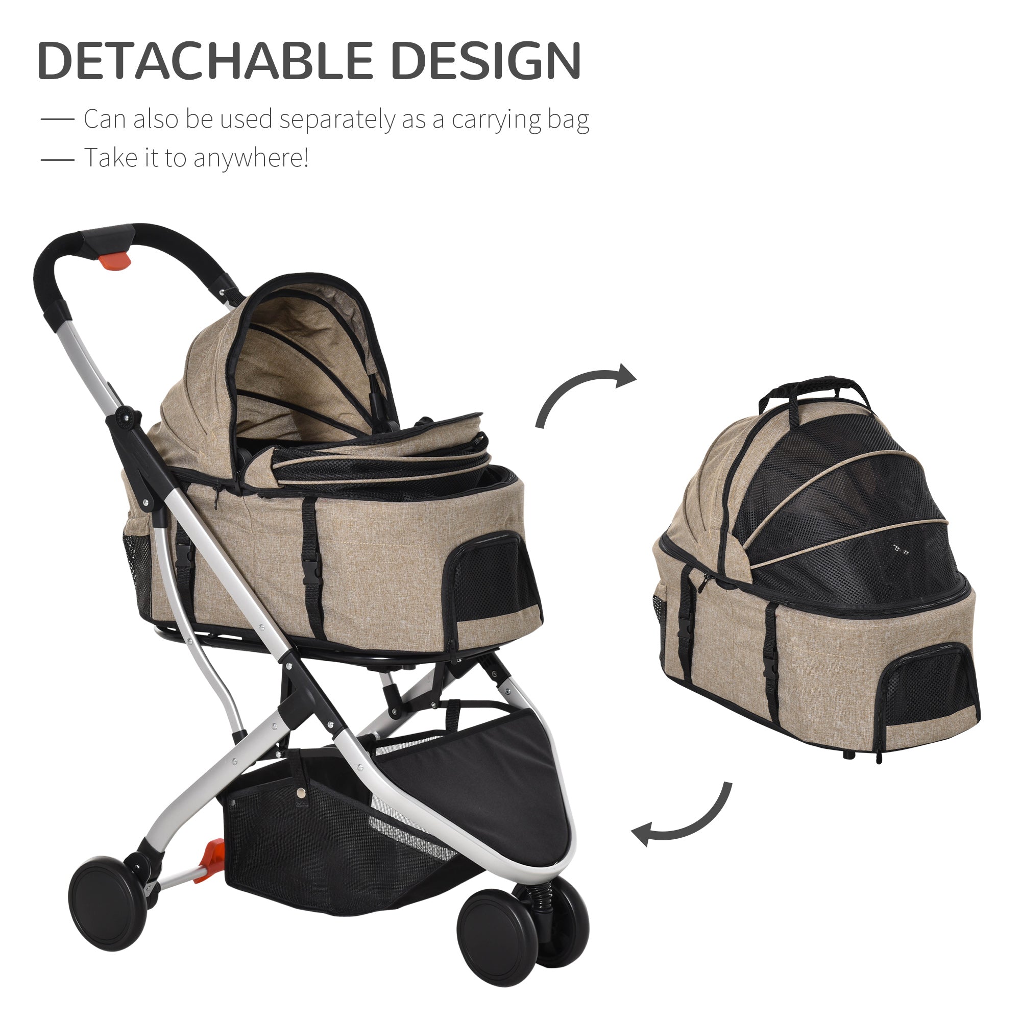 Pet Stroller Detachable Dog Pushchair 2-In-1 Foldable Cat Travel Carriage w/ Carrying Bag for XS Pets, Light Brown