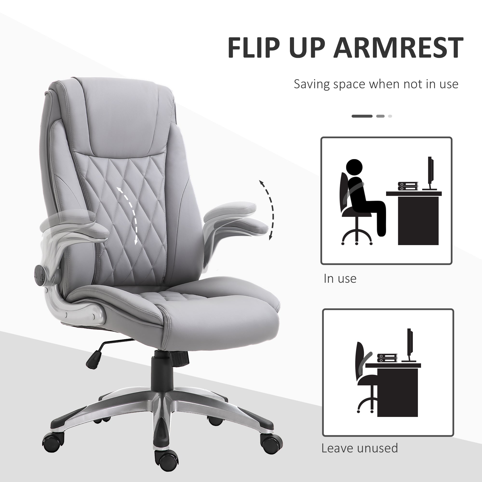 High Back Executive Office Chair Home Swivel PU Leather Ergonomic Chair, with Flip-up Arm, Wheels, Adjustable Height, Grey