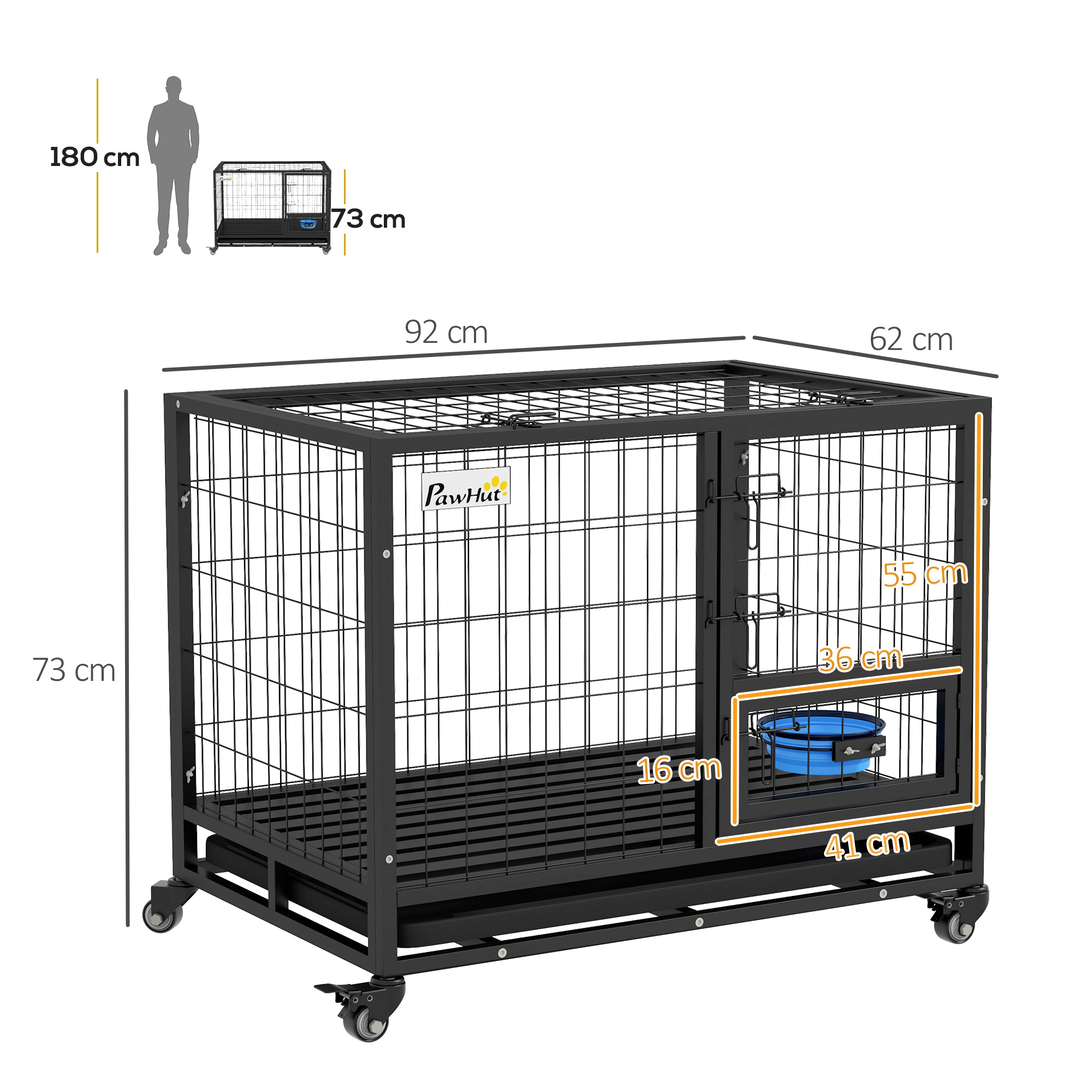 Heavy Duty Dog Crate on Wheels w/ Bowl Holder, Removable Tray, Detachable Top, Double Doors for L, XL Dogs