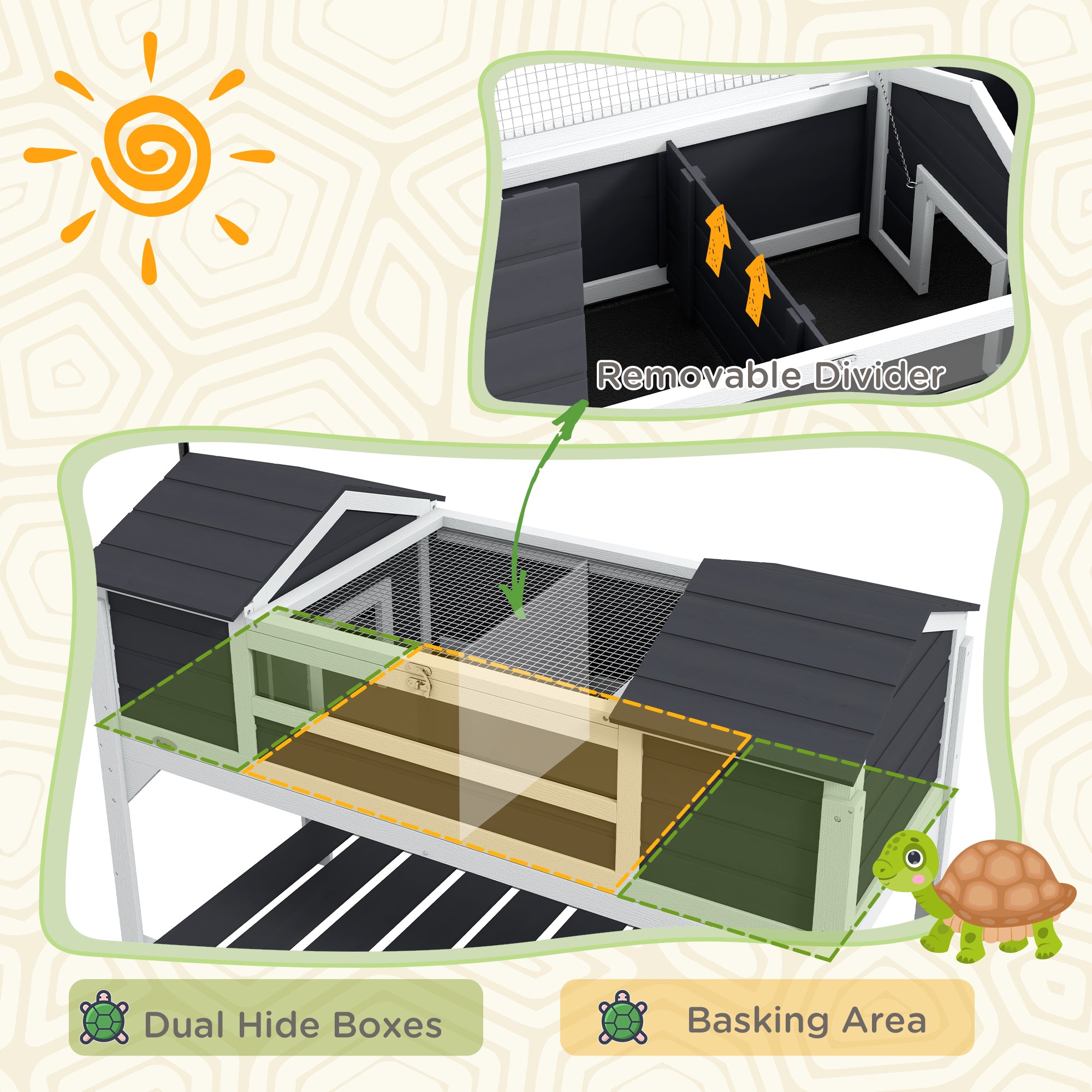 Wooden Tortoise Enclosure with Adjustable Lamp Holder, Openable Lid, Dual Main Houses, Storage Shelf, Fixed Tray - Grey