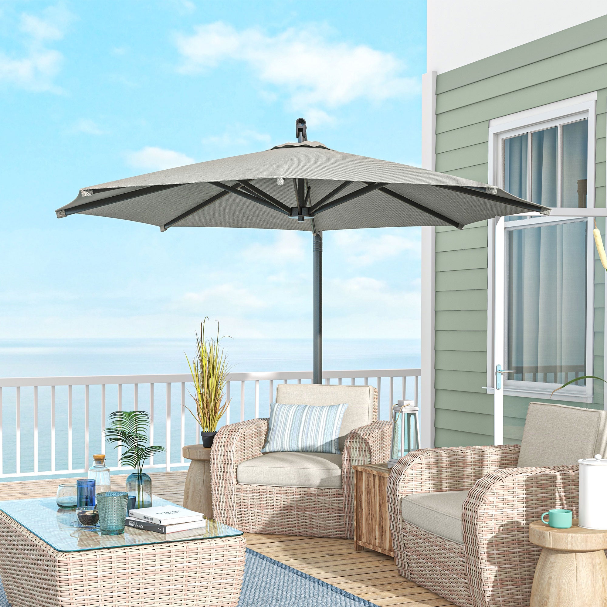 3 m Cantilever Banana Parasol with Cross Base, 360° Rotation Patio Umbrella with Crank Handle, Tilt, Beige