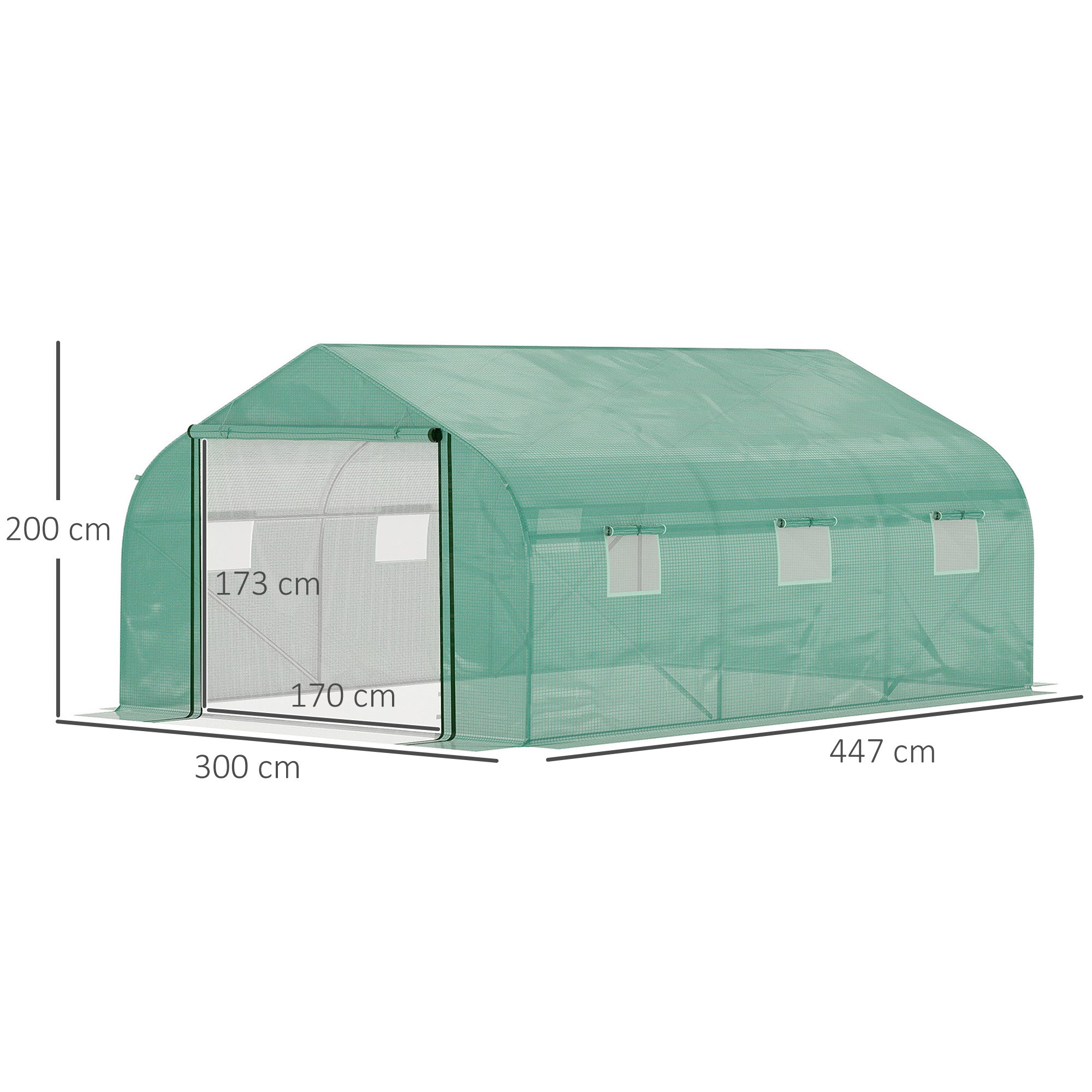 4.47 x 3 x 2m Walk-in Tunnel Greenhouse, Portable Polytunnel Tent, Plant Hot House with PE Cover, Zippered Roll Up Door and 6 Windows, Green