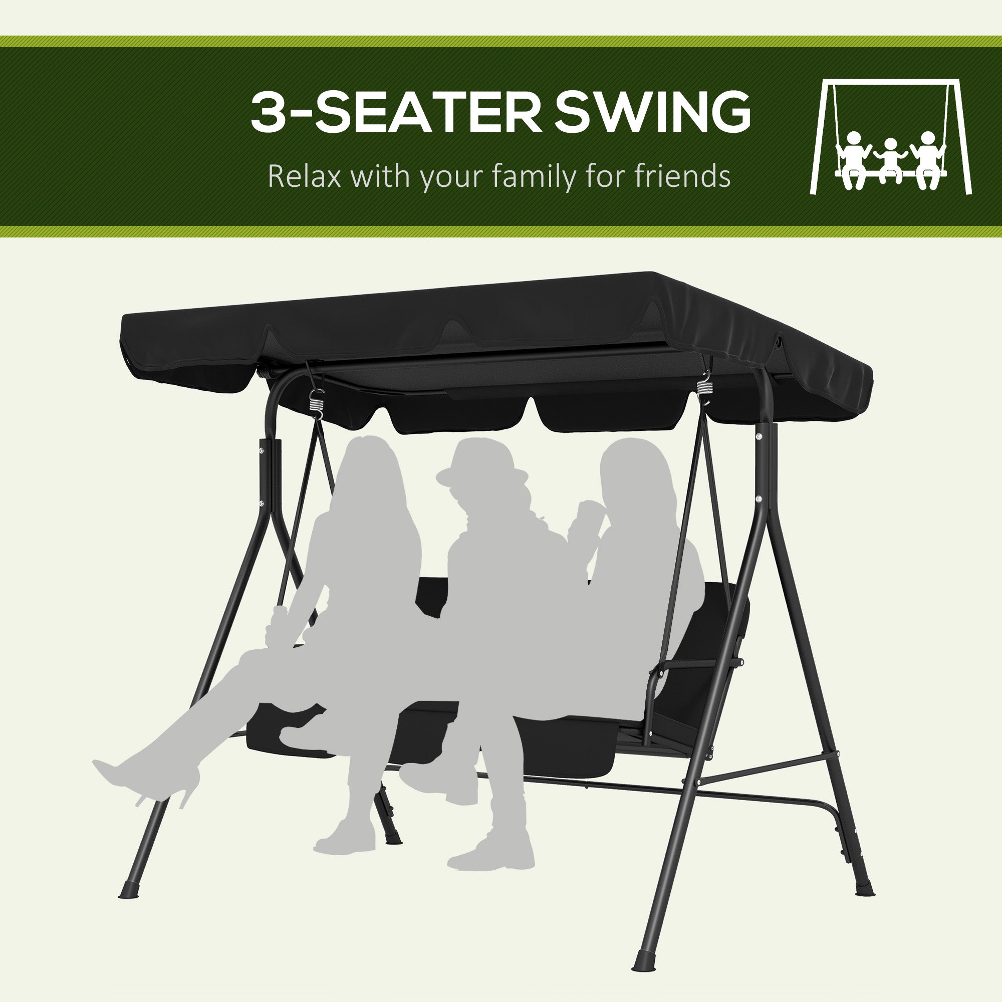 3-Seat Swing Chair Garden Swing Seat with Adjustable Canopy for Patio, Black