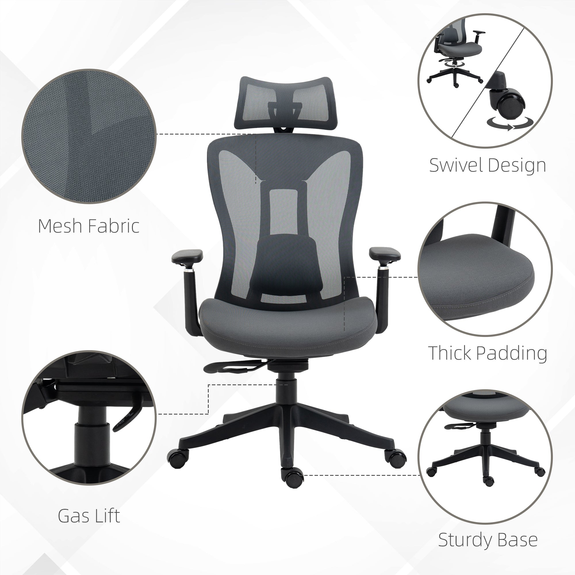 Mesh Office Chair, Reclining Desk Chair with Adjustable Headrest, Lumbar Support, 3D Armrest, Sliding Seat, Swivel Wheels, Grey