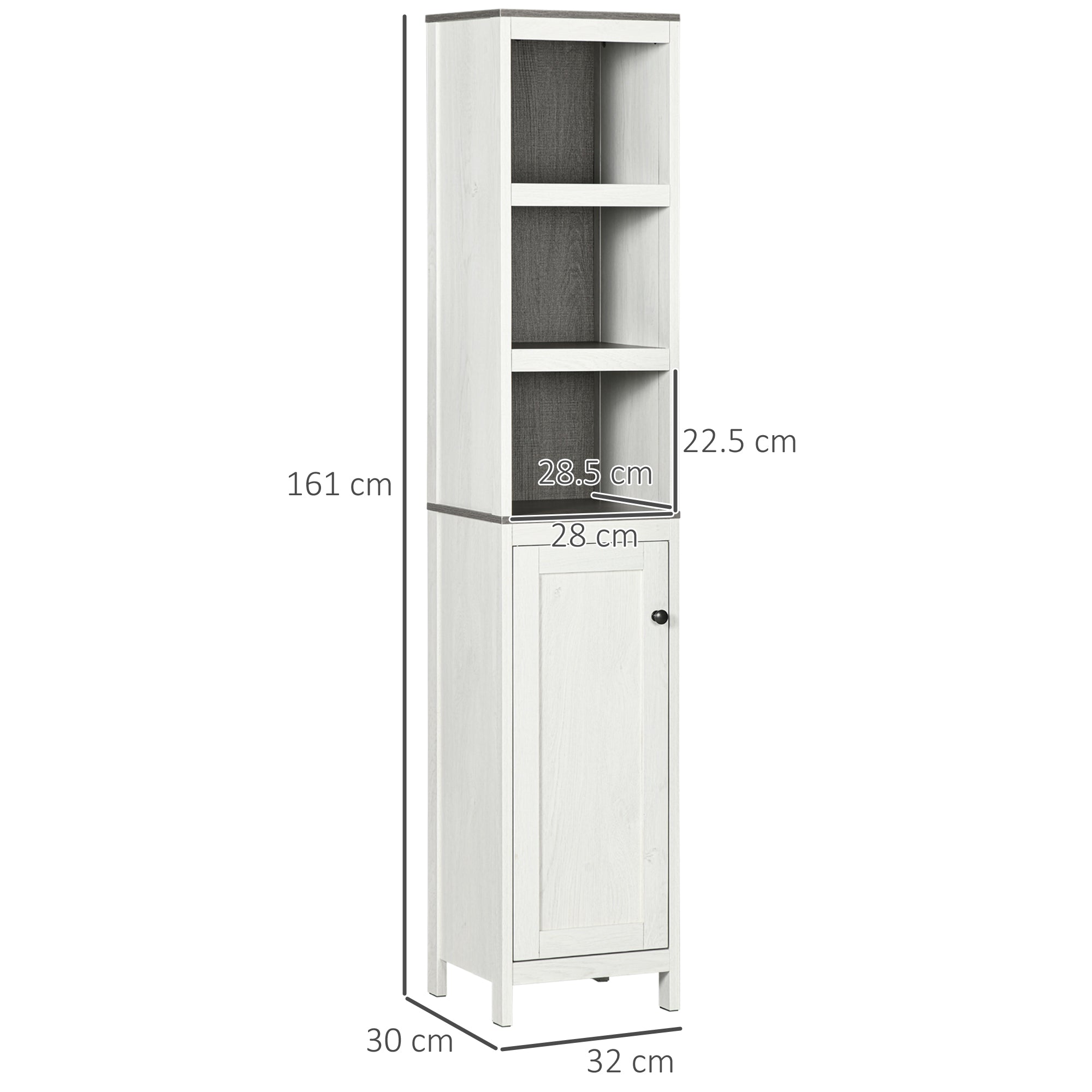 Slimline Bathroom Storage , Freestanding Tower Cabinet with 3 Open Shelves and Adjustable Shelf, Antique White