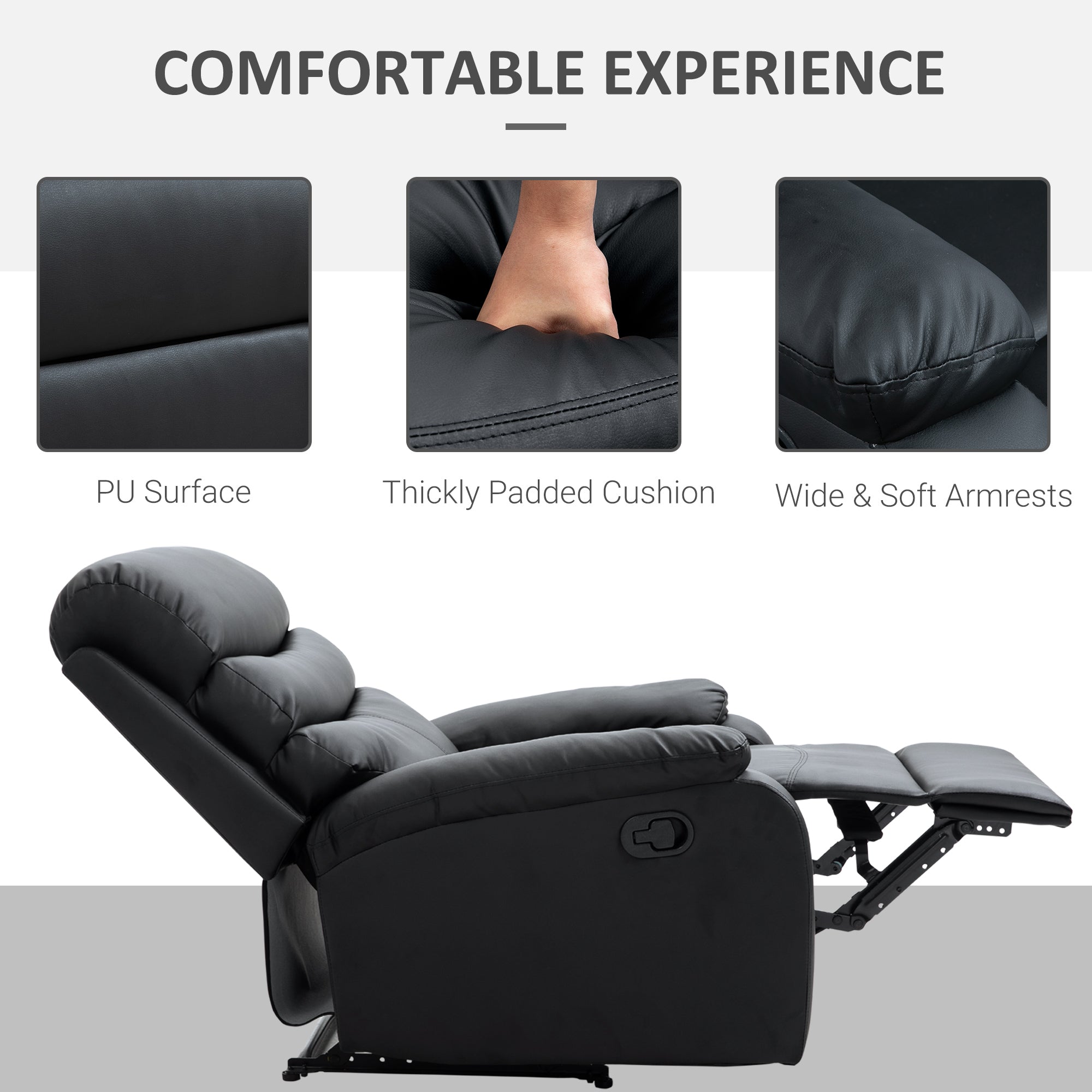 PU Leather Reclining Chair, Manual Recliner Chair with Padded Armrests, Retractable Footrest and Wood Frame, Black