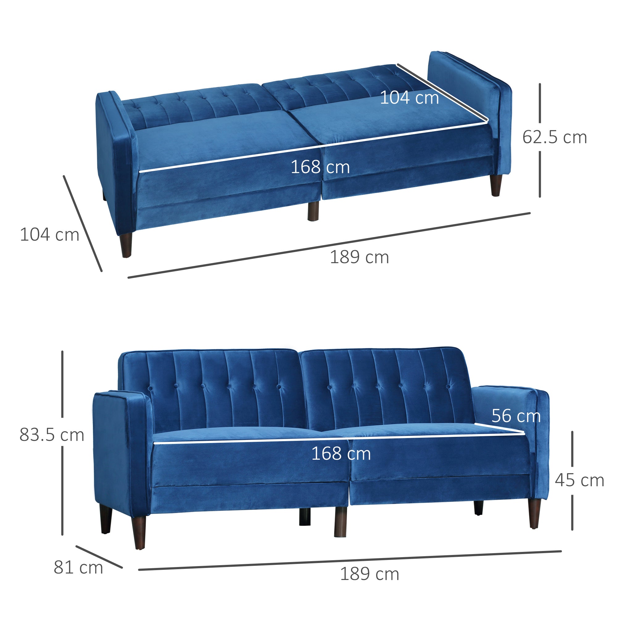 Modern Convertible Sofa Futon Velvet-Touch Tufted Couch Compact Loveseat with Adjustable Split Back, Blue