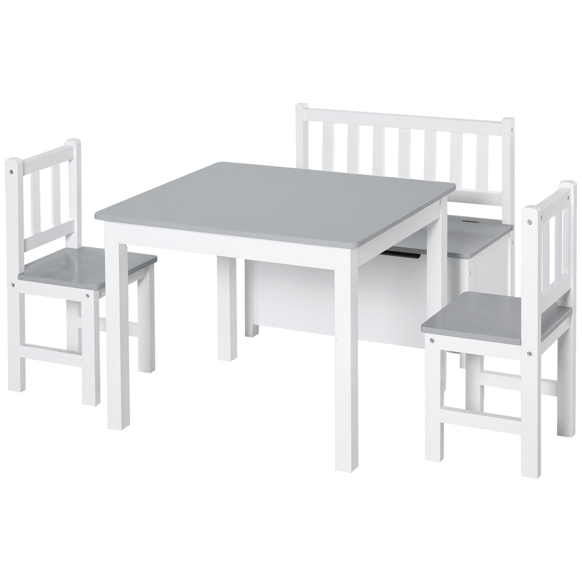 4-Piece Kids Table Set with 2 Wooden Chairs, 1 Storage Bench, and Interesting Modern Design, Grey/White