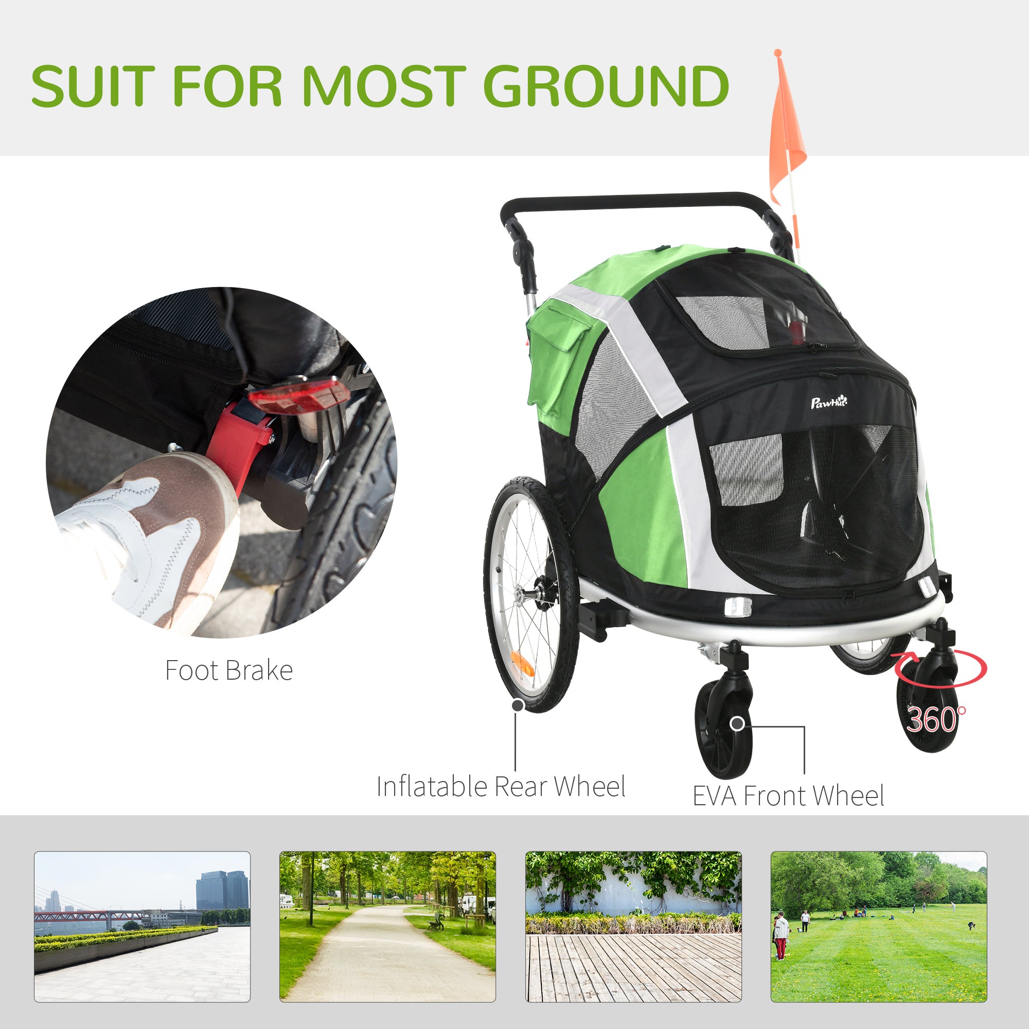 Dog Bike Trailer 2-in-1 Pet Stroller for Large Dogs Cart Foldable Bicycle Carrier Aluminium Frame with Safety Leash Hitch Coupler Flag Green