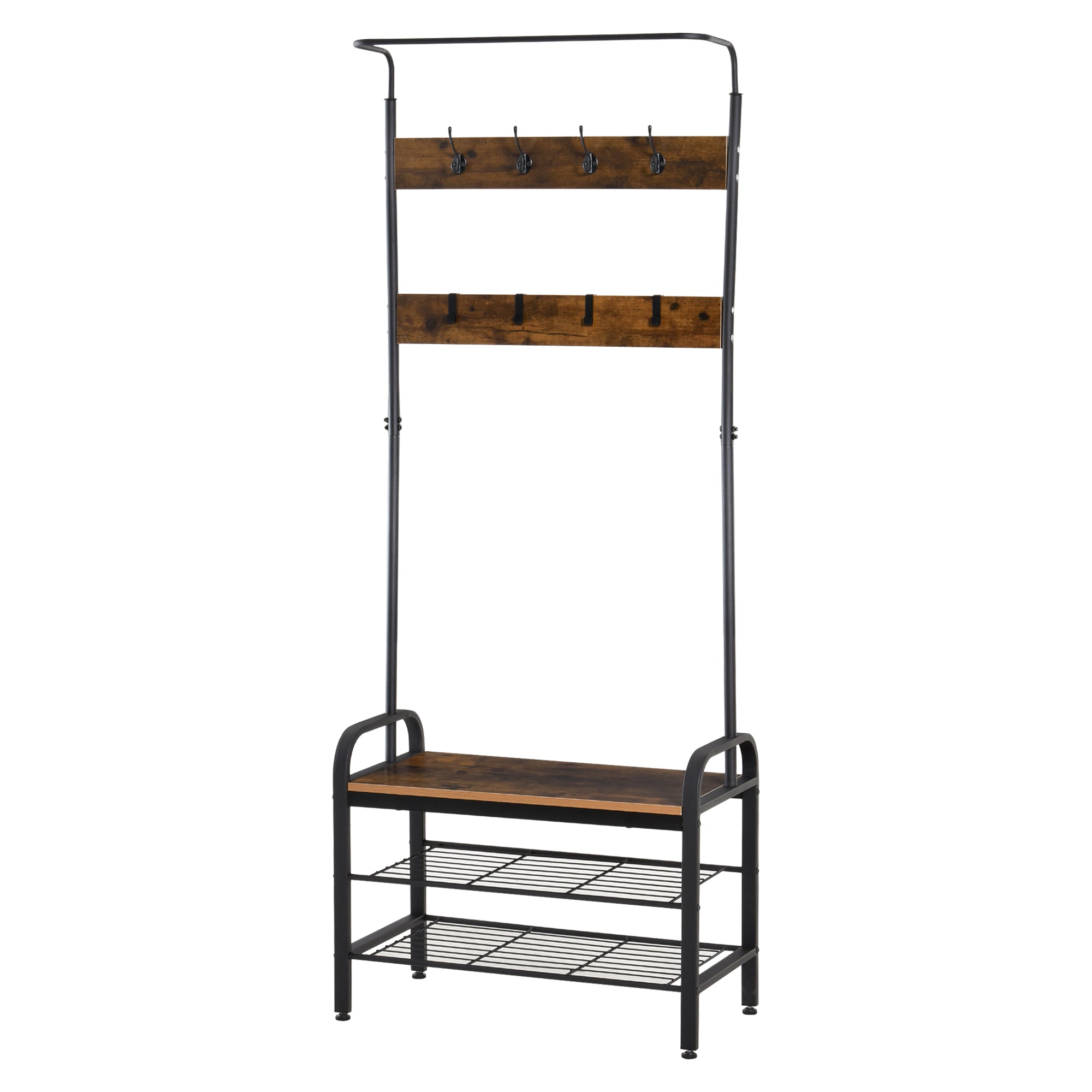 Coat Rack Stand Industrial hallway Shoe Rack Removable Hooks Metal Wood Hangers Storage Cabinet Rustic Brown 72L x 34W x 185H(cm)