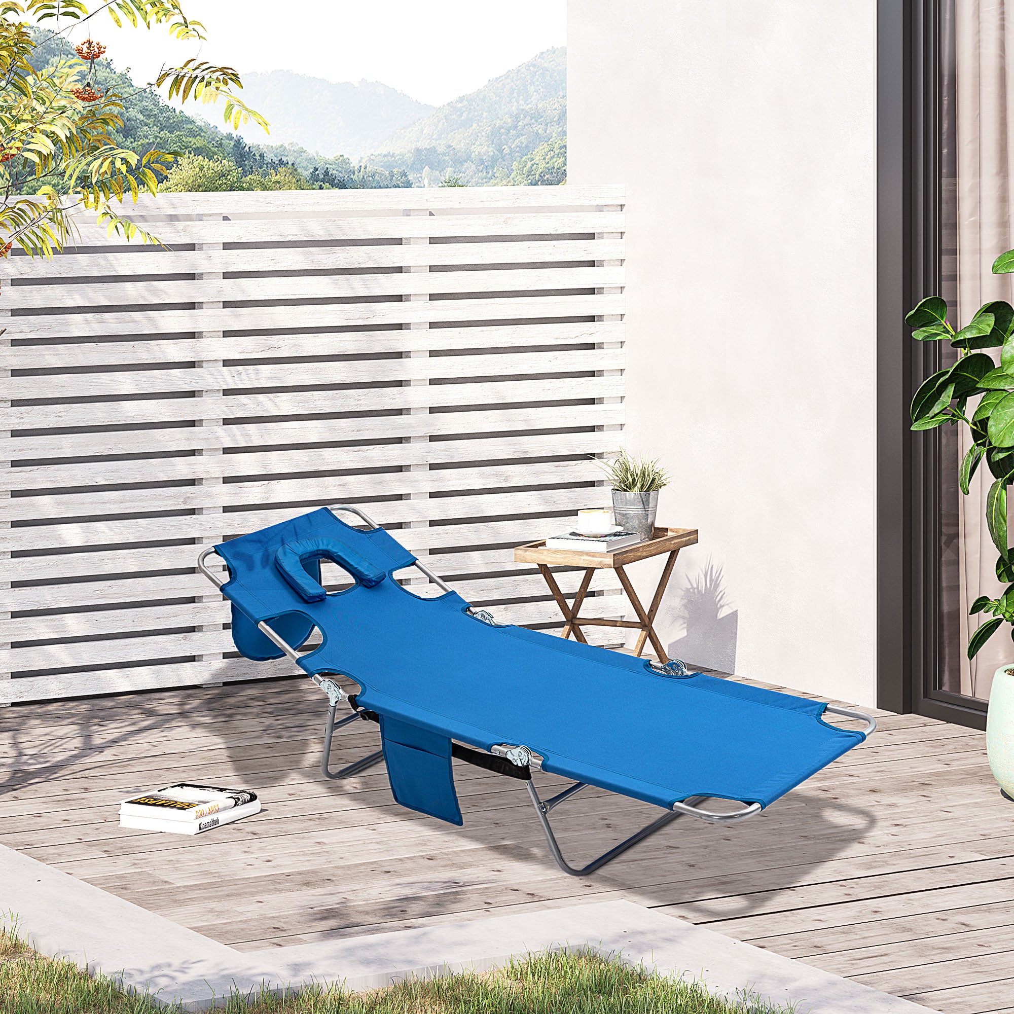 Beach Chaise Lounge with Face Cavity & Arm Slots, Portable Sun Lounger, Reclining Lounge Chair 5-position Adjustable Backrest, Blue