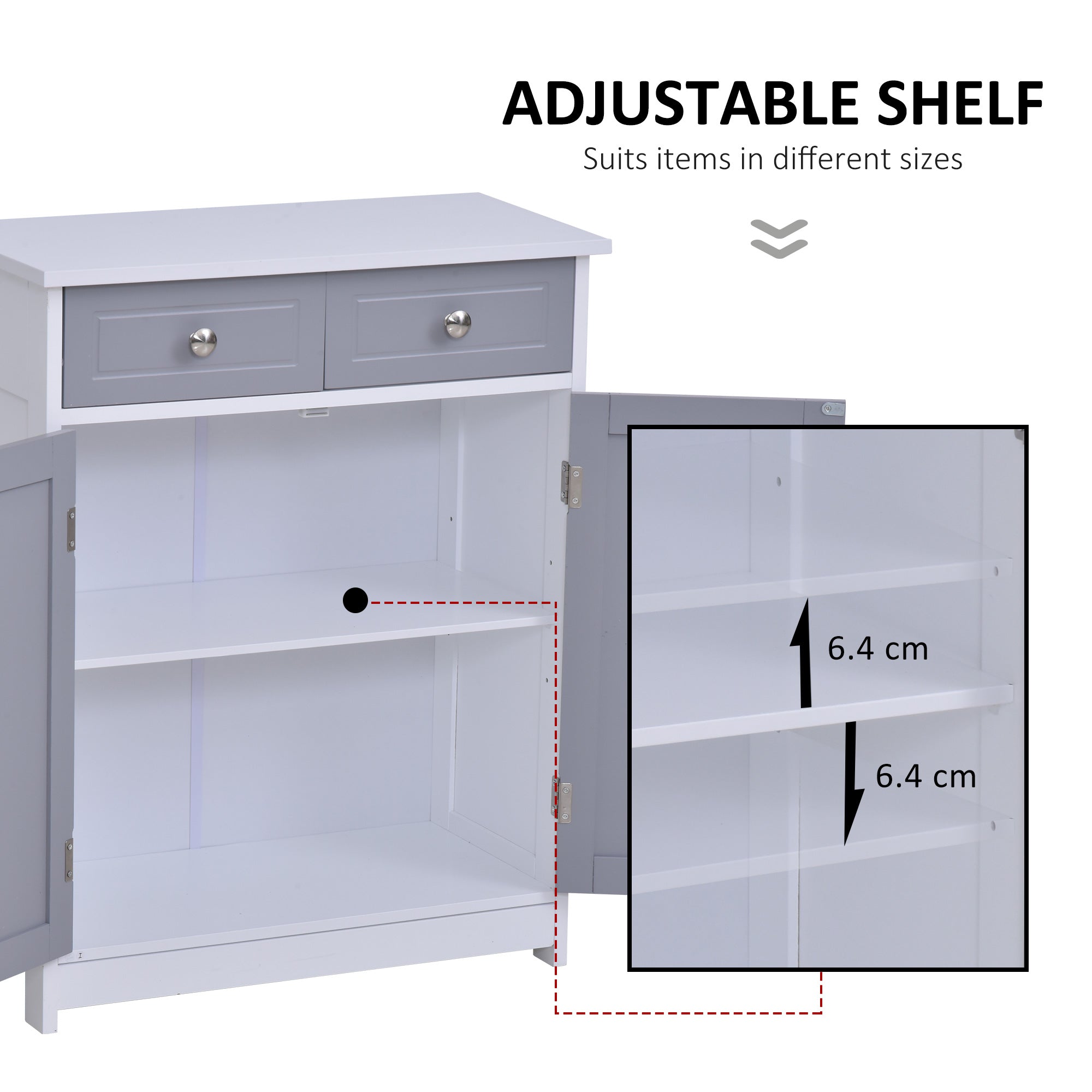 Bathroom Storage Cabinet Free-Standing Bathroom Cabinet Unit w/ 2 Drawers Cupboard Adjustable Shelf Metal Handles 75x60cm - Grey and White