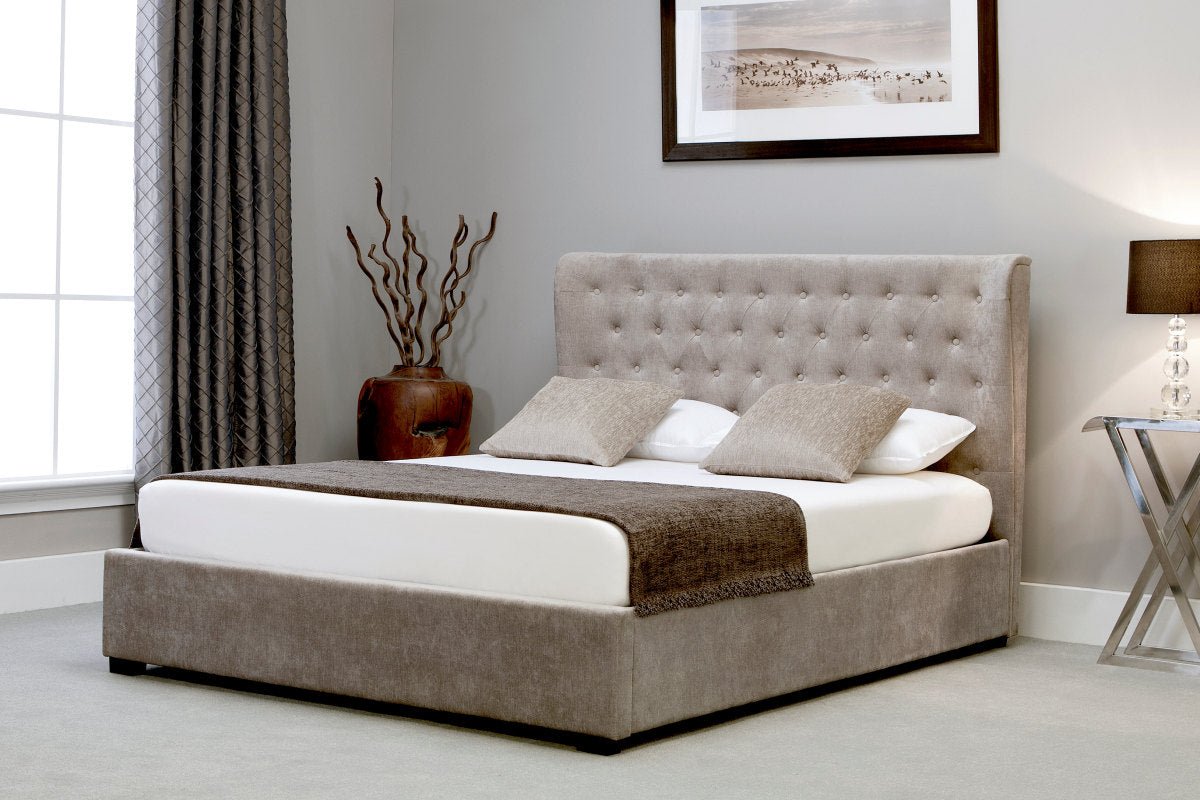 Kensington Bed With Buttoned Wing Sided Headboard Stone - Double - Bedzy UK modern and affordable home furniture England