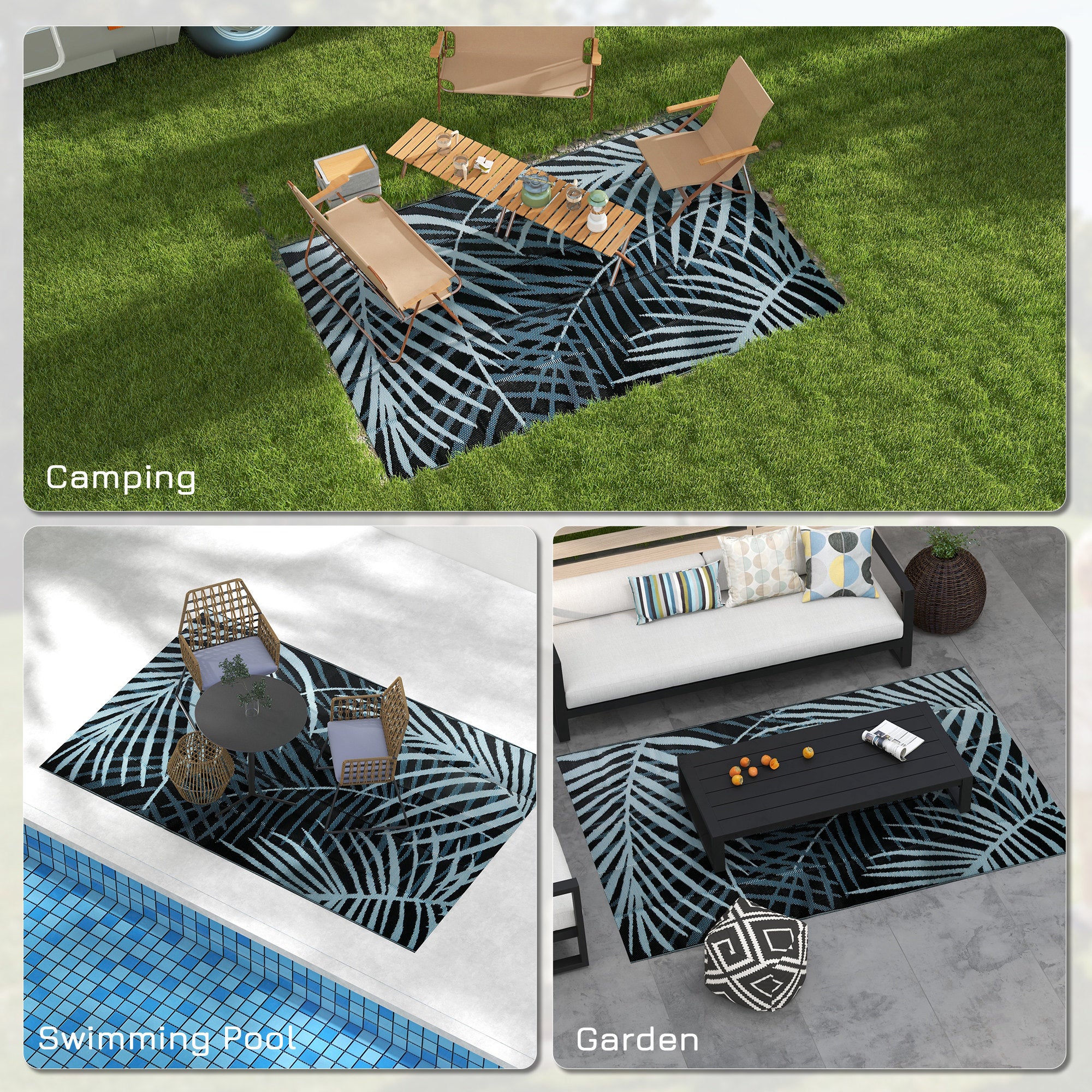 Plastic Straw Reversible RV Outdoor Rug with Carry Bag, 182 x 274cm, Blue and Black