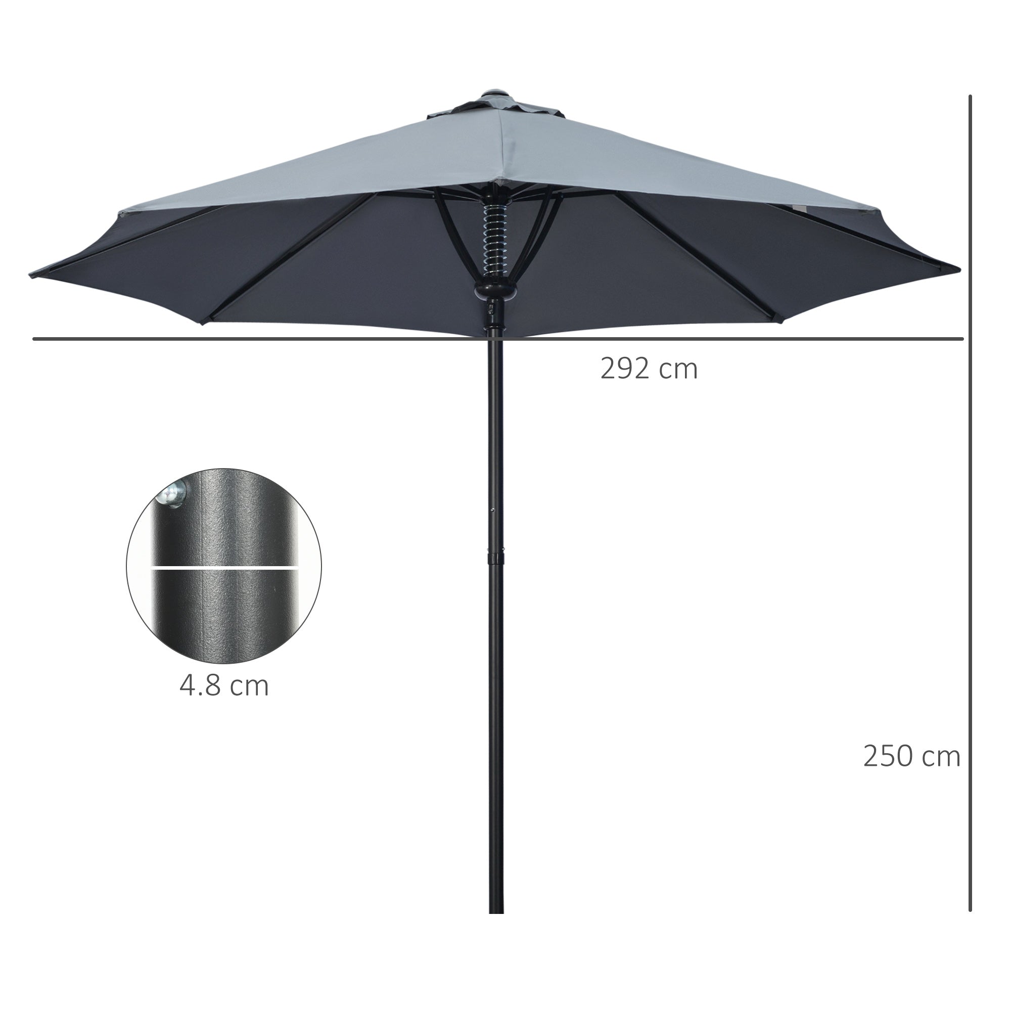 Garden Parasol Umbrella, Outdoor Market Table Umbrella Sun Shade Canopy with 8 Ribs, Grey