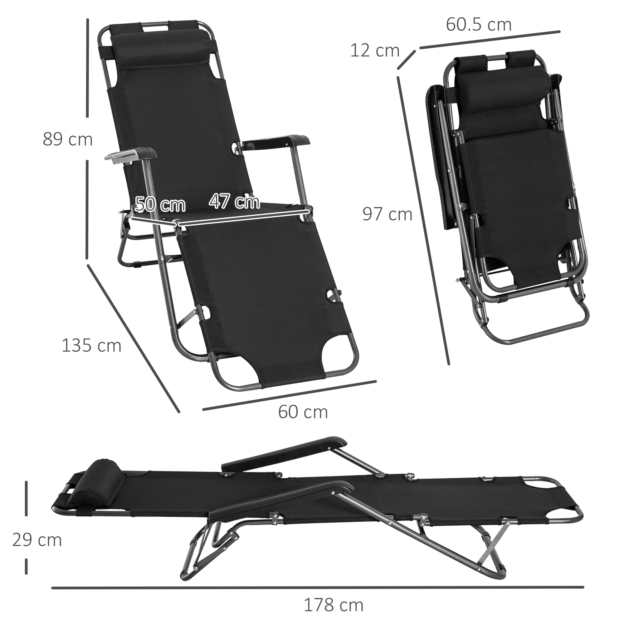 2 Pieces Foldable Sun Loungers with Adjustable Back, Outdoor Reclining Garden Chairs with Pillow and Armrests, Black