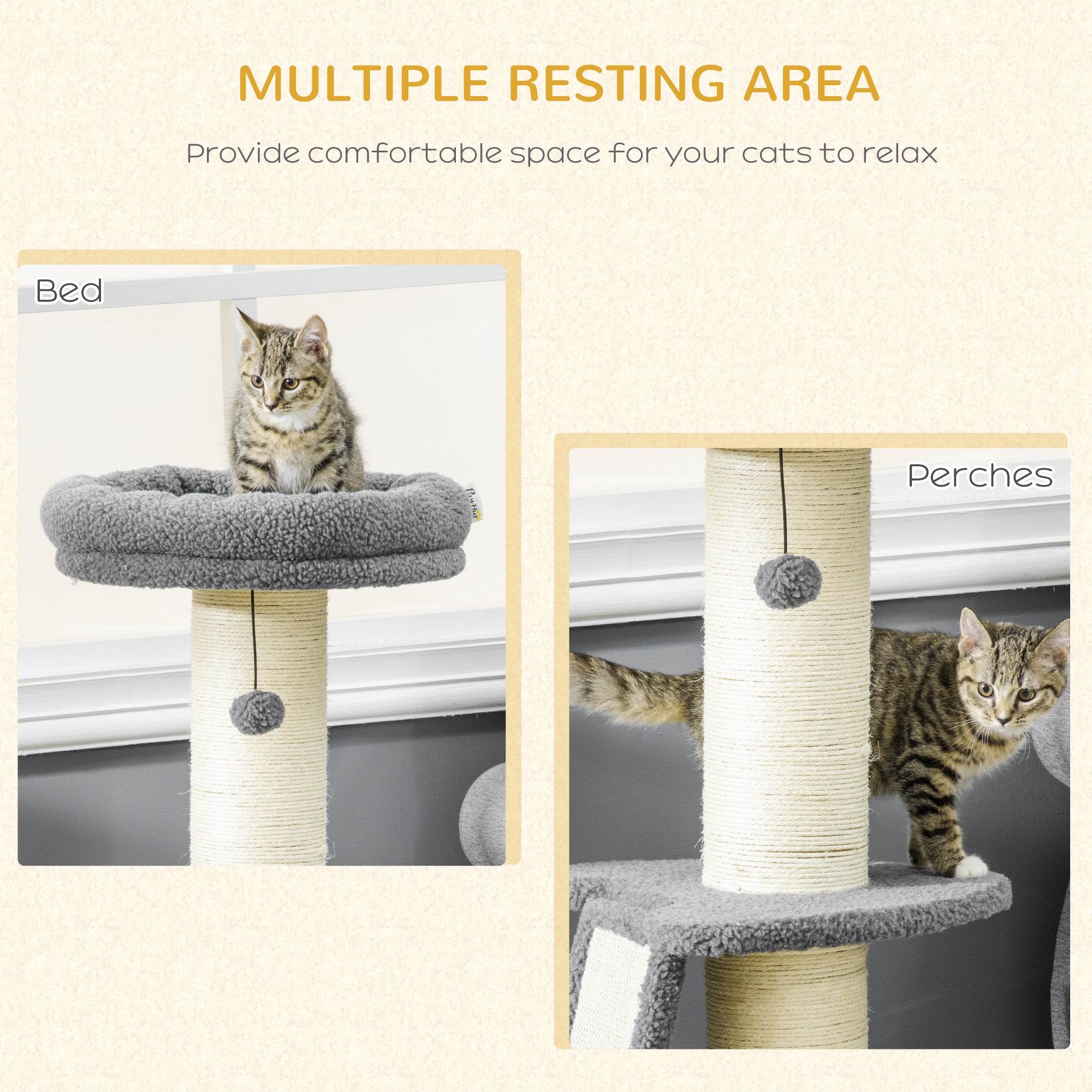 Cat Tree Cat Tower with Cat Scratching Posts, Pad, Bed, Toy Ball for Cats under 6 Kg, Dark Grey & Beige