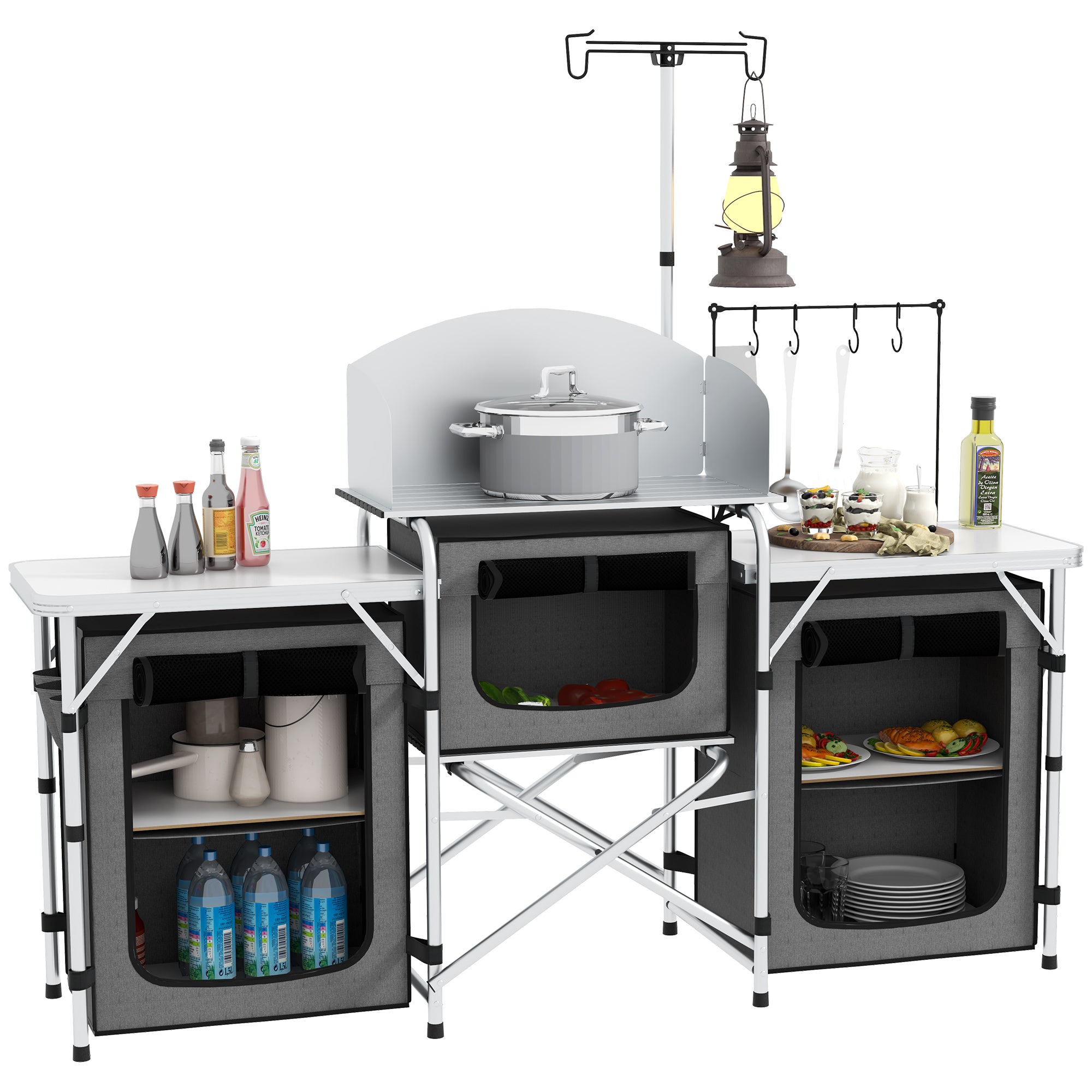 Portable Folding Camping Kitchen Table with Cupboards and Windshield Grey