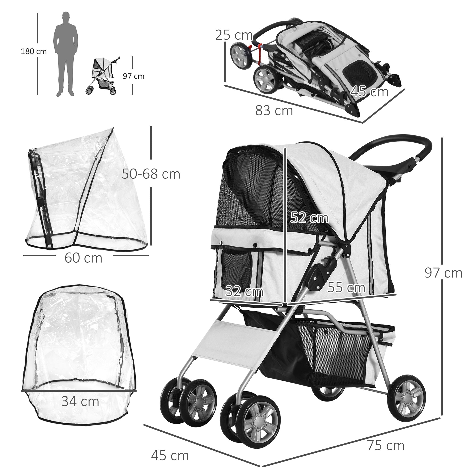 Dog Stroller with Rain Cover for Small Miniature Dogs, Folding Pet Pram with Cup Holder, Storage Basket, Reflective Strips, Grey