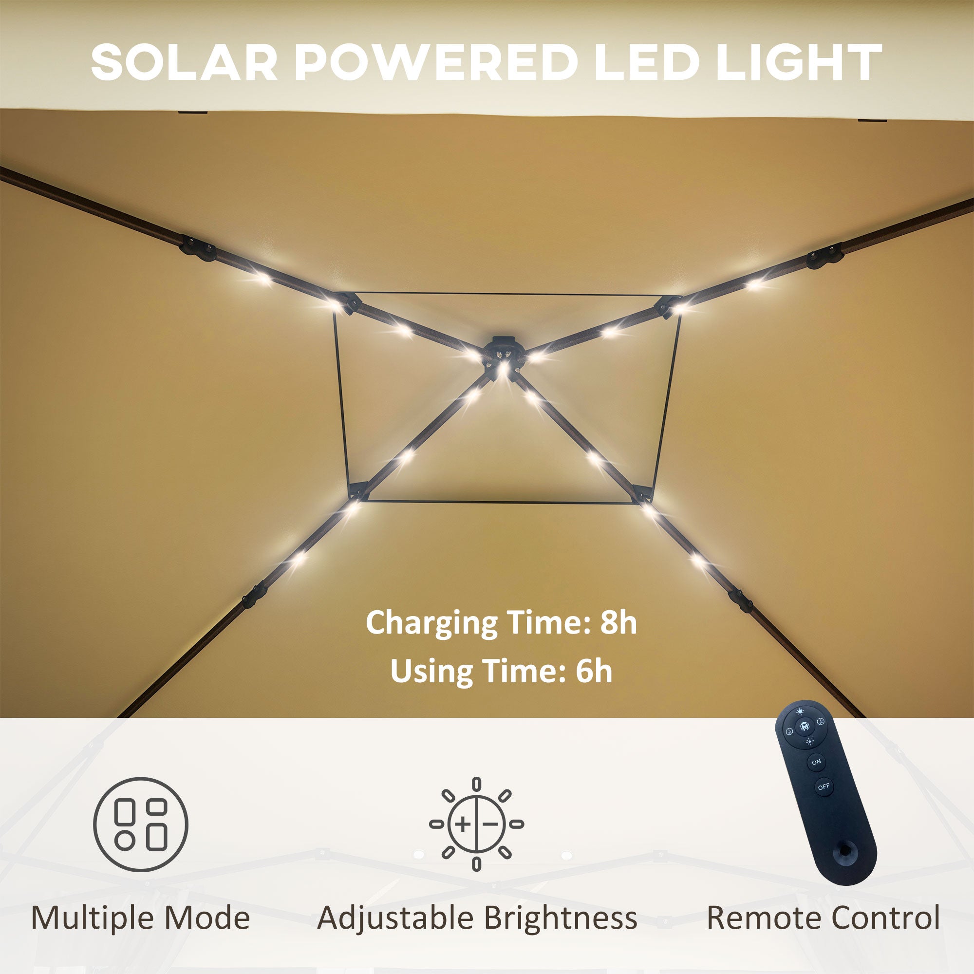 3 x 3(m) Pop Up Gazebo Party Tent with Solar-Powered LED Lights, Adjustable Event Shelter with Curtain, Netting, Khaki