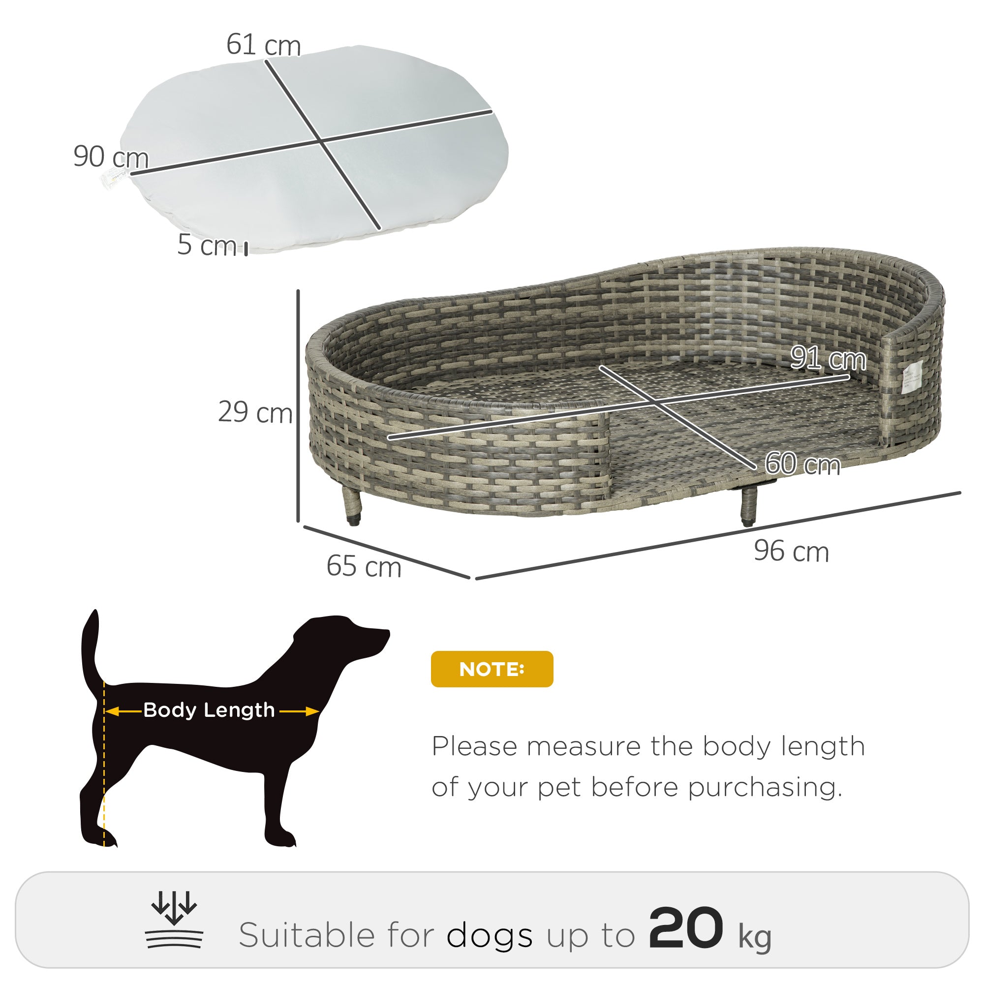 Elevated Wicker Dog Sofa, Rattan Cat Bed Hand Woven with Soft Cushion, Washable Cover, for Medium Dog, 96 x 65 x 29 cm, Grey