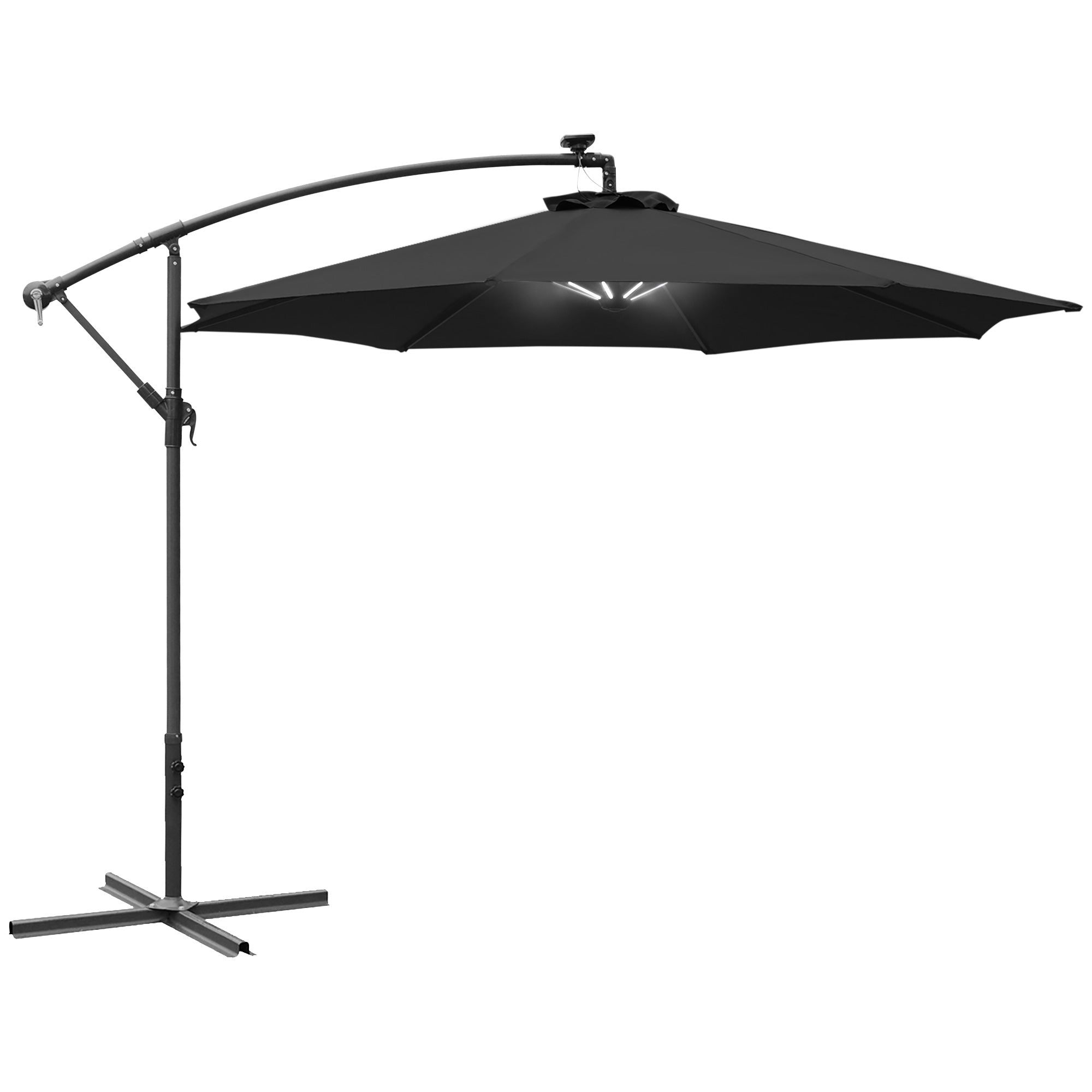 3(m) LED Banana Parasol Garden Cantilever Umbrella with Solar Lights, Crank Handle and Cross Base, Hanging Sun Shade, Black