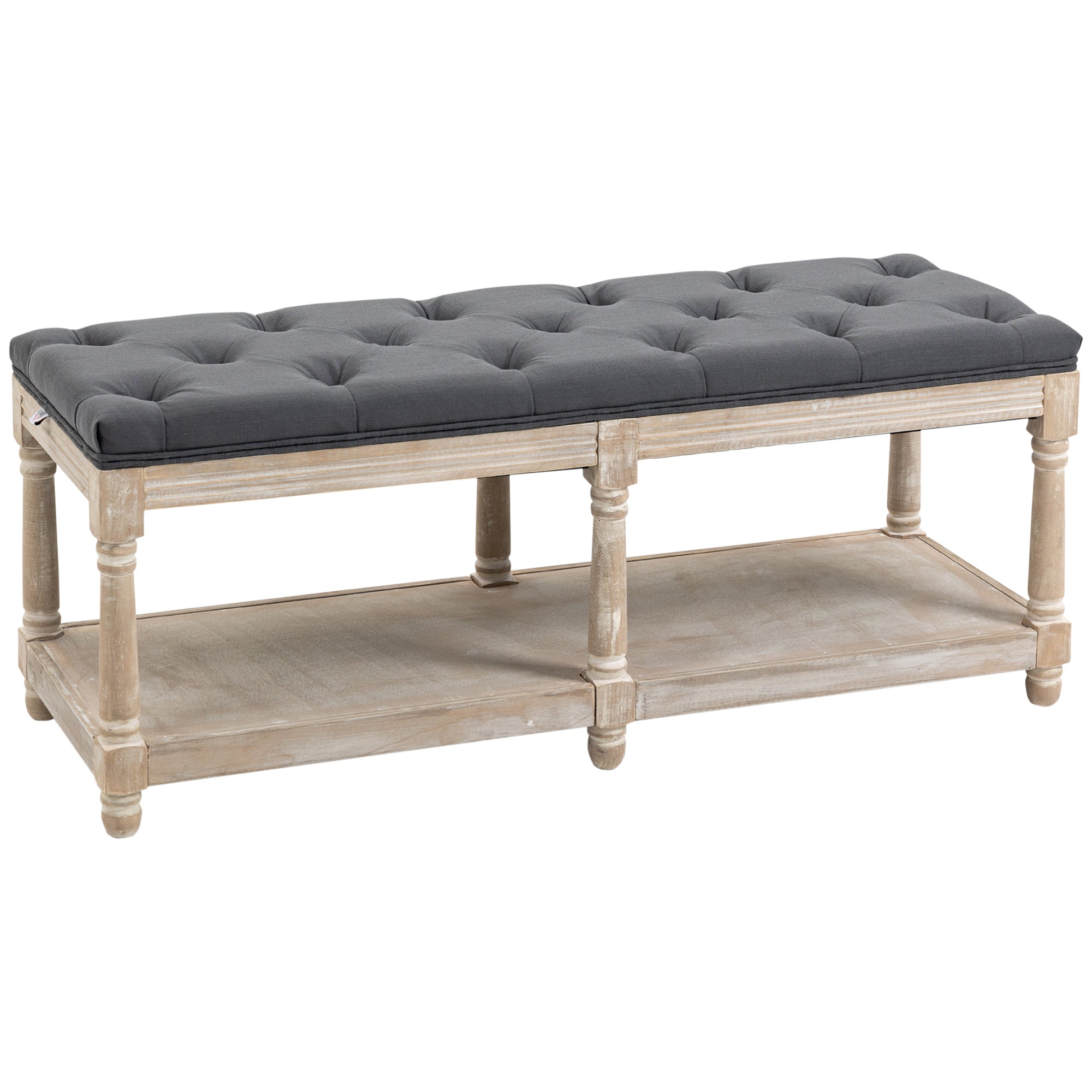 2 Tier Shoe Rack Bench with Button Tufted Upholstered Cushion, Vintage Bed End Bench, Wooden Window Seat for Hallway, Living Room, Bedroom-Grey