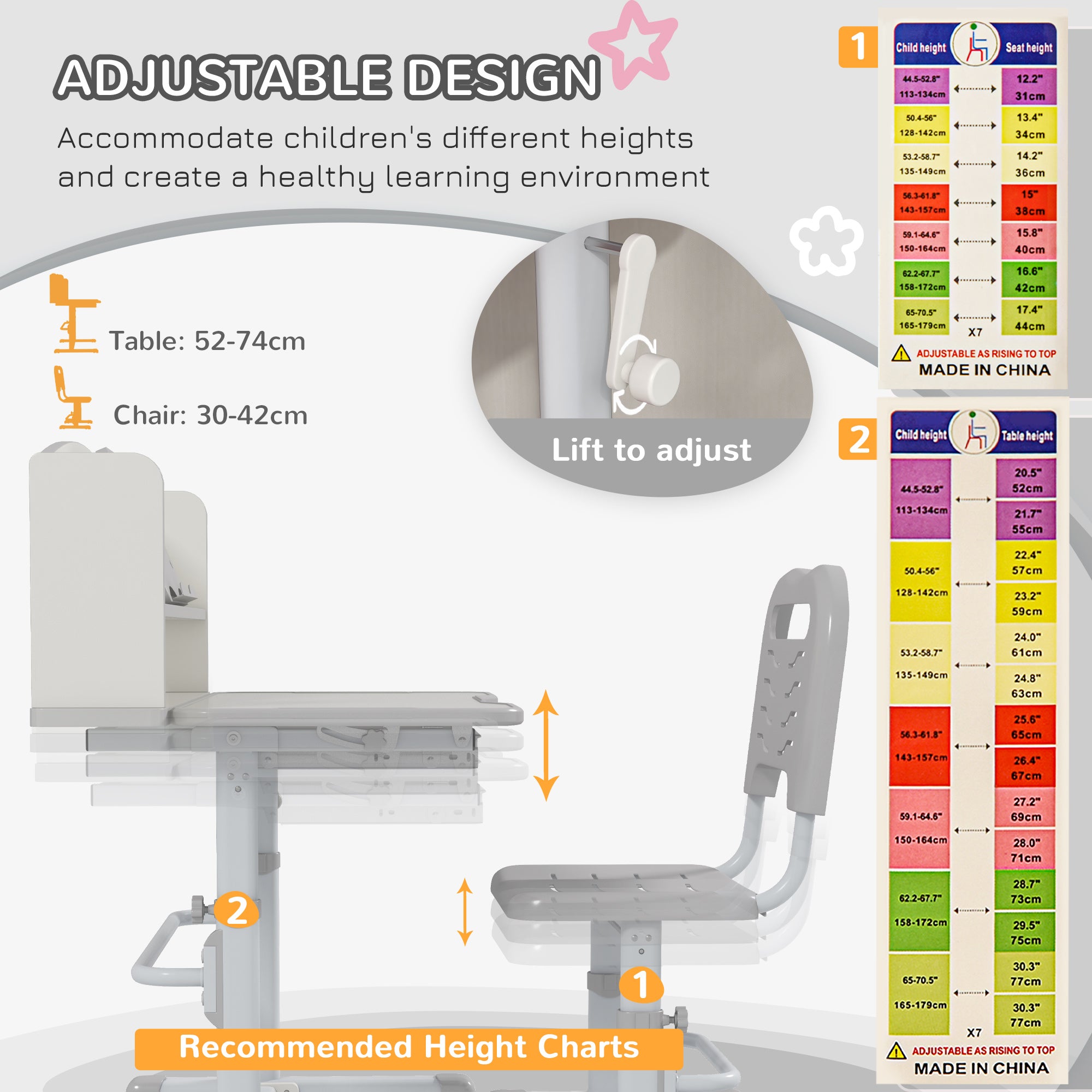 Height Adjustable Kids Study Table and Chair Set, with Drawer, Storage Shelf, 80 x 54.5 x 104 cm, Grey