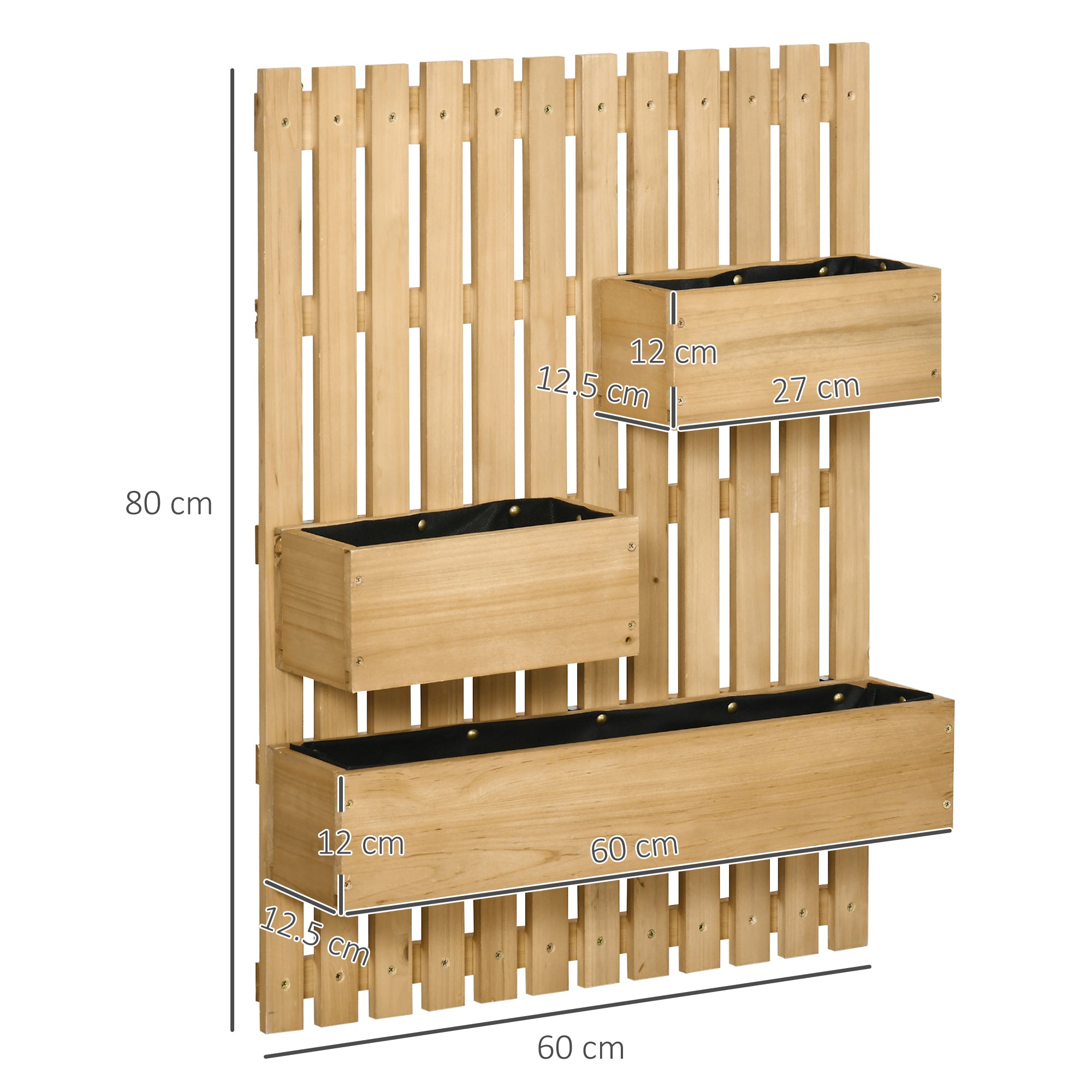 Wall-mounted Wooden Garden Planters with Trellis, Drainage Holes and 3 Movable Planter Boxes, Wall Raised Garden Bed for Patio, Natural