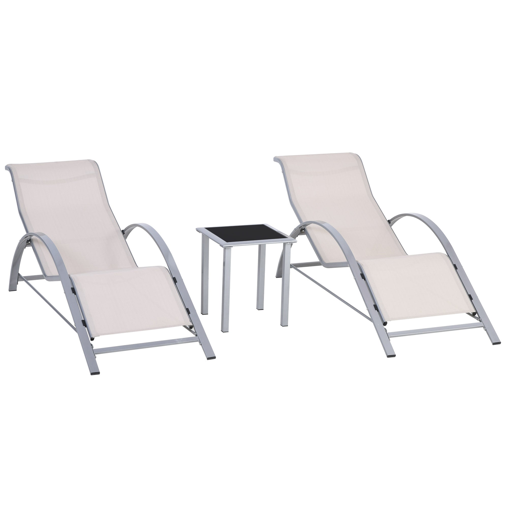 3 Pieces Lounge Chair Set Metal Frame Garden Outdoor Recliner Sunbathing Chair with Table, Cream