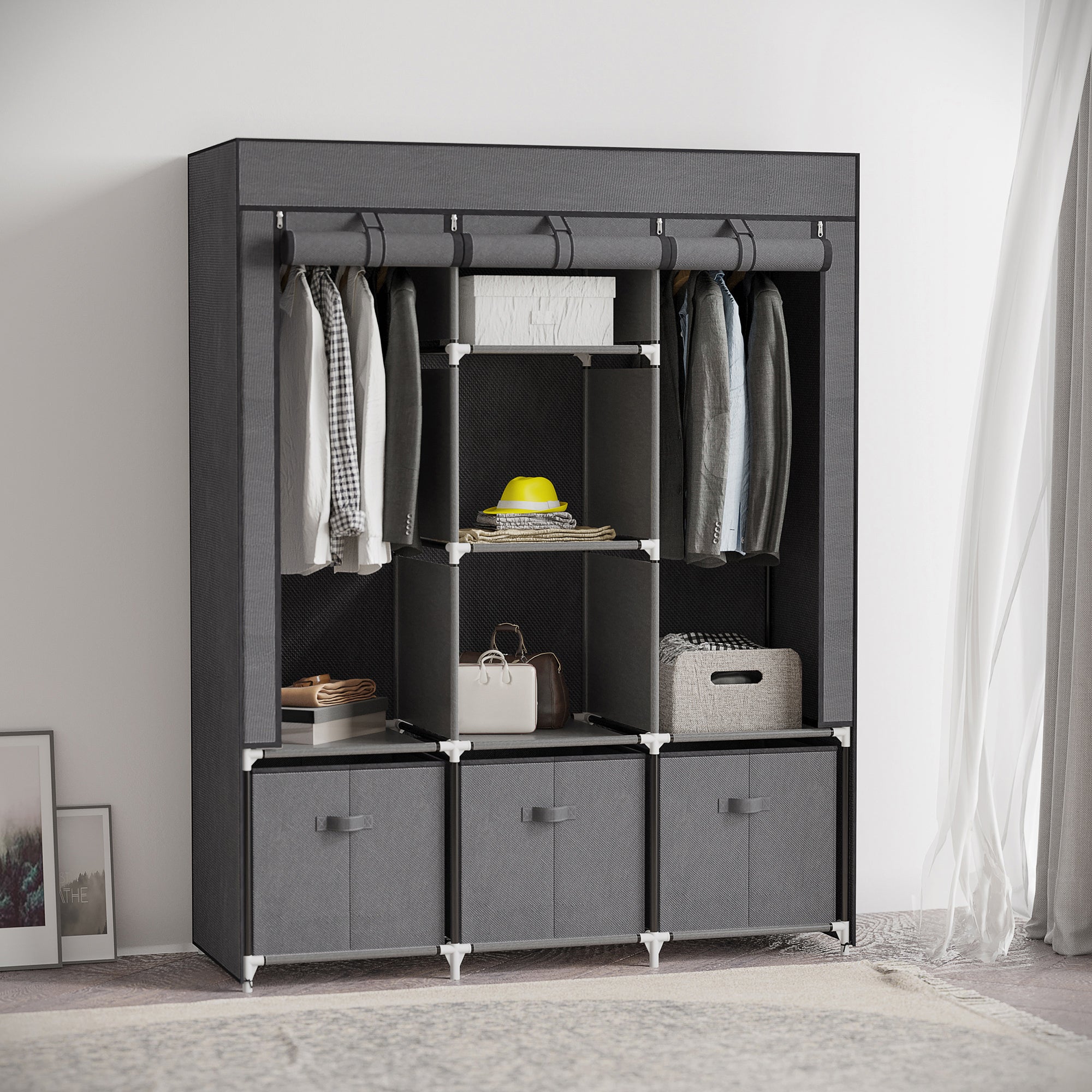 Fabric Wardrobe, Portable Wardrobe with 5 Shelves, 2 Hanging Rails and 3 Fabric Drawers, Foldable Closets, 125 x 43 x 162.5cm, Dark Grey