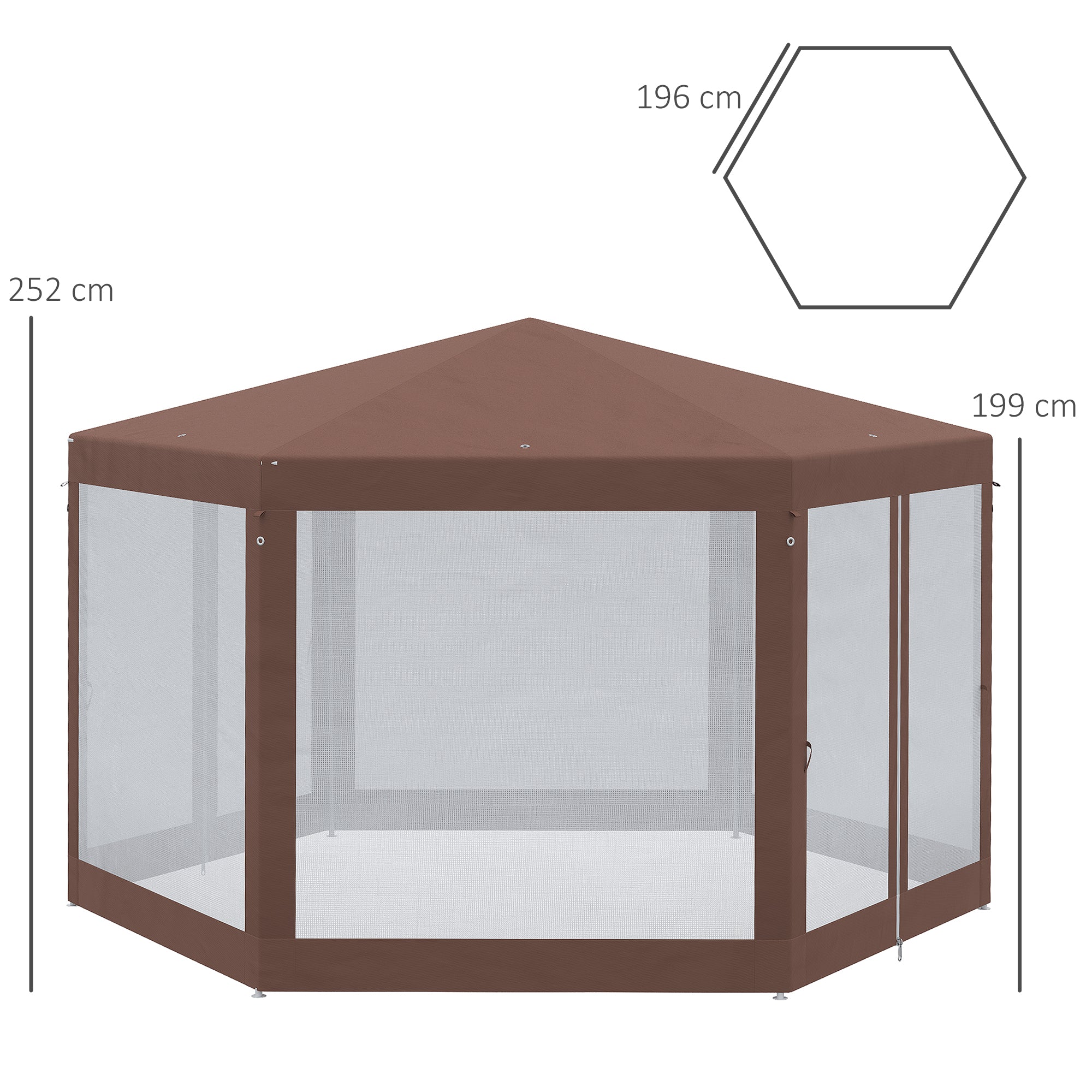 Hexagonal Garden Gazebo with Mosquito Netting and Zipped Doors - Brown