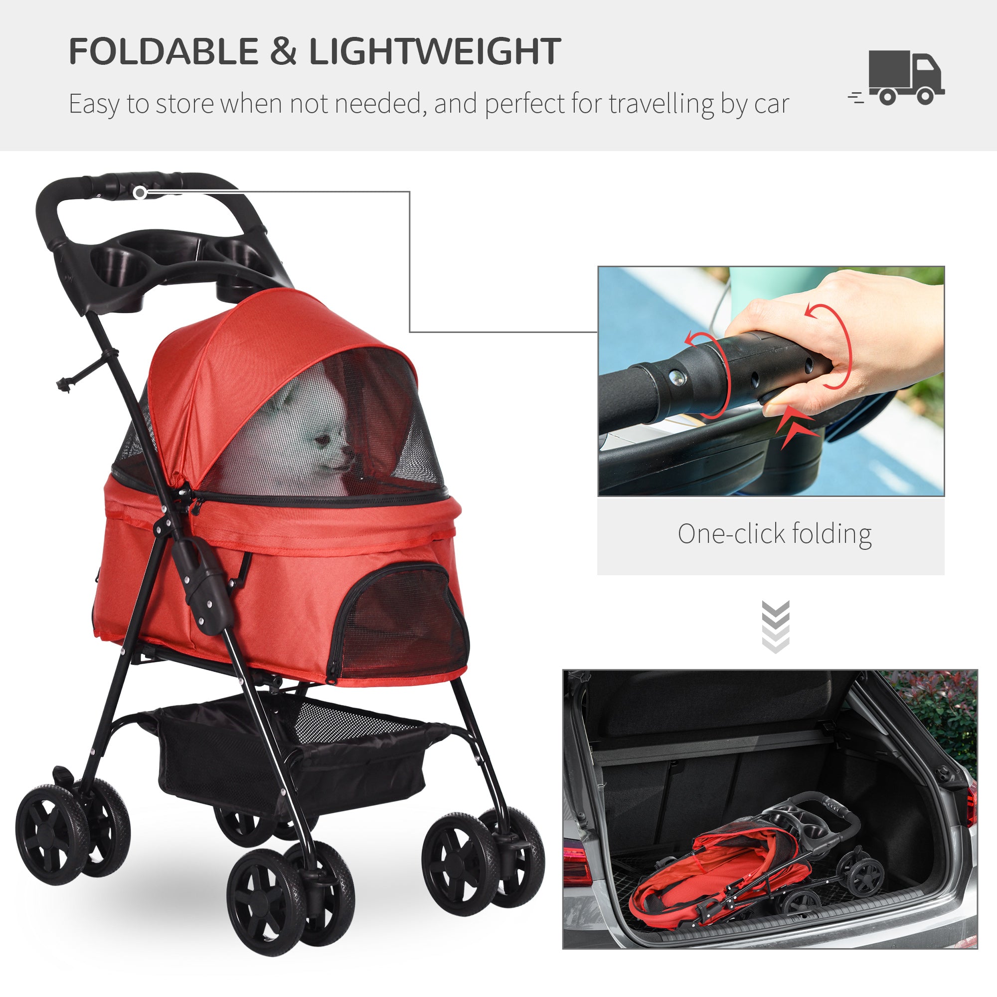 Pet Stroller No-Zip Dog Cat Travel Pushchair Fold Trolley Jogger with EVA Wheels Brake Basket Adjustable Canopy Safety Leash Red