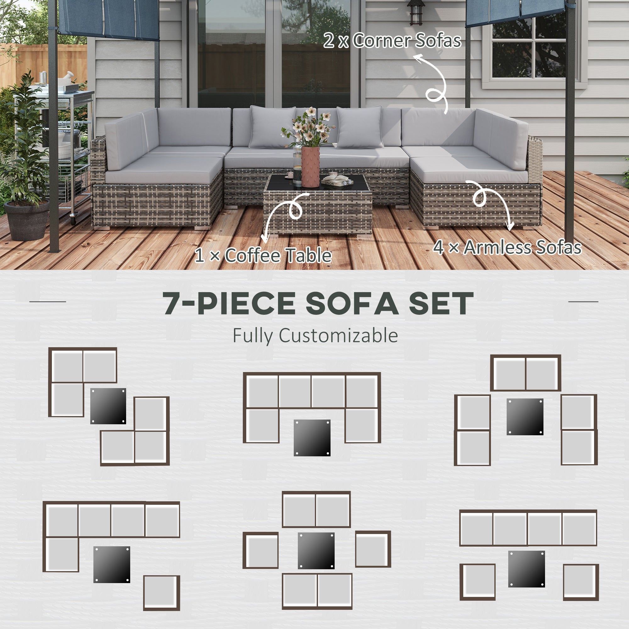 7-Piece PE Rattan Garden Furniture Set with Cushions & Glass Coffee Table - Mixed Grey