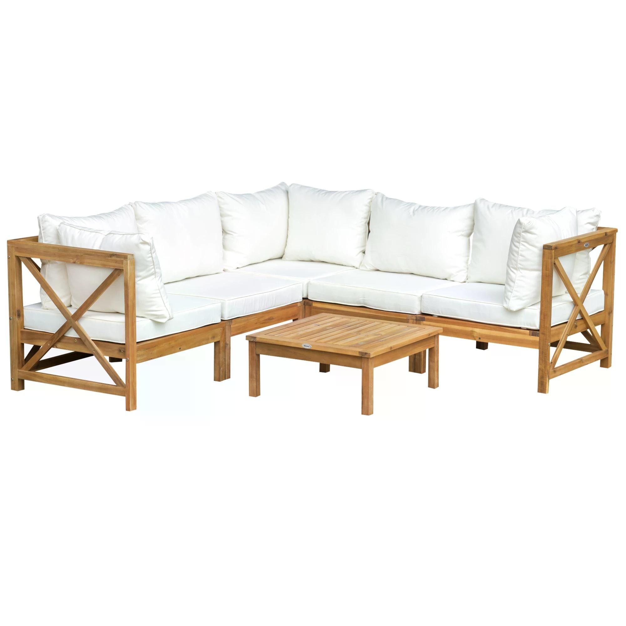 6pcs Patio Furniture Set Garden Sofa Set 1 Coffee Table Suitable with Cushions for Outdoor Indoor Balcony Poolside Acacia Wood Cream White