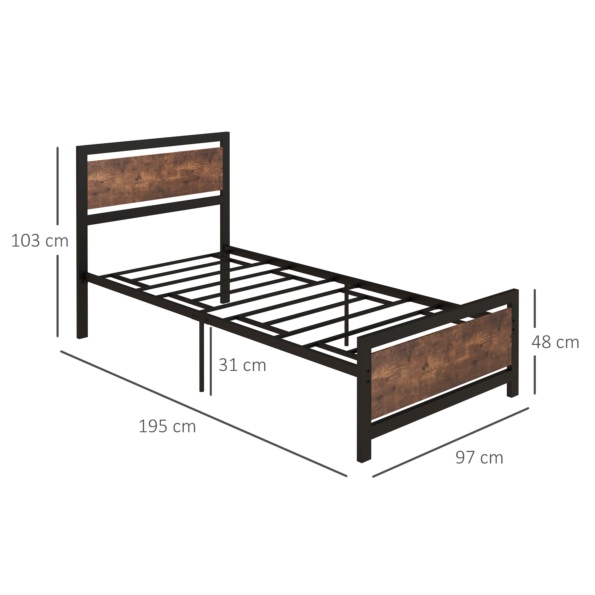 Industrial Style Single Metal Bed Frame with Headboard & Footboard