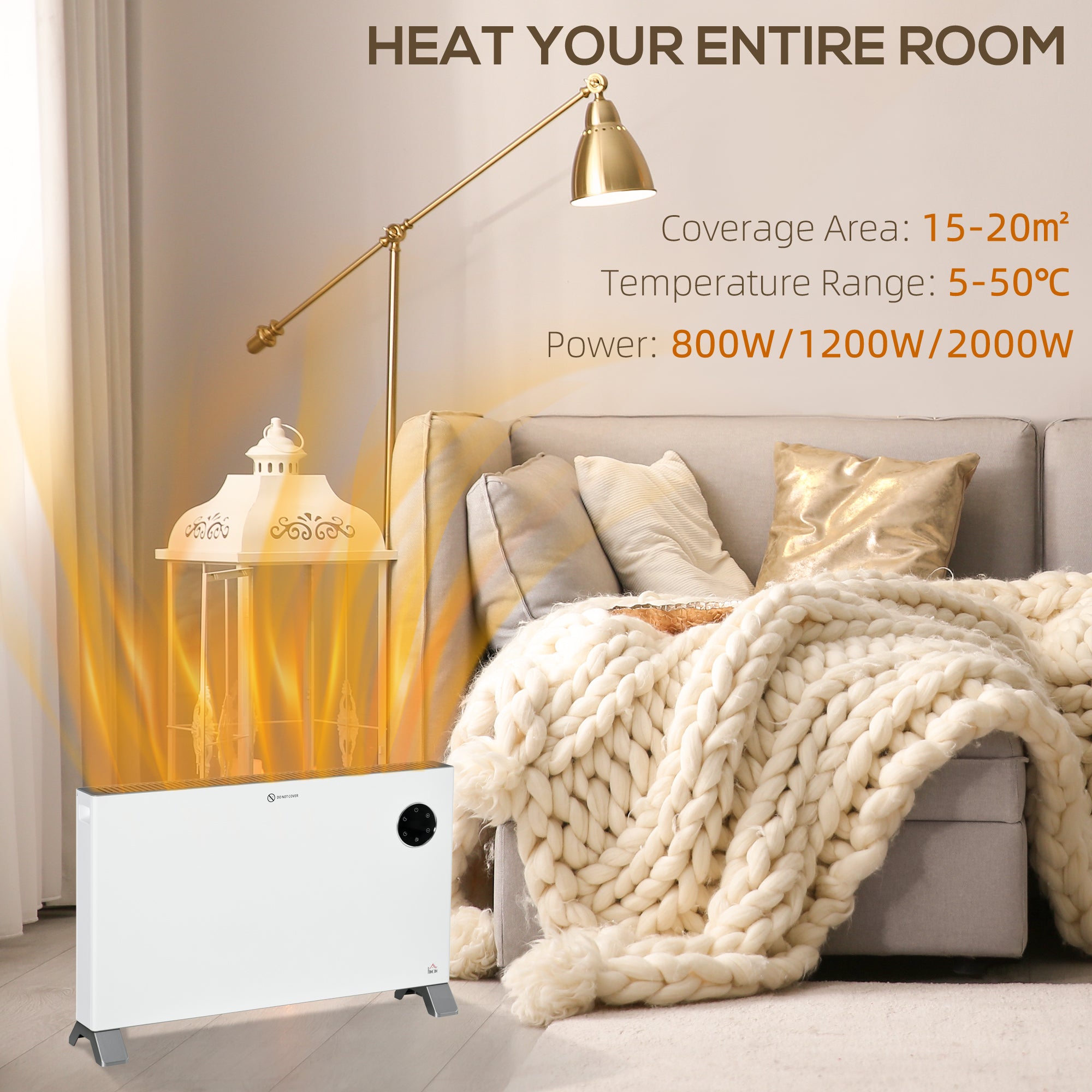 2000W Electric Convector Heater, Freestanding Space Heater with 3 Heat Settings, Adjustable Thermostat, Timer, White