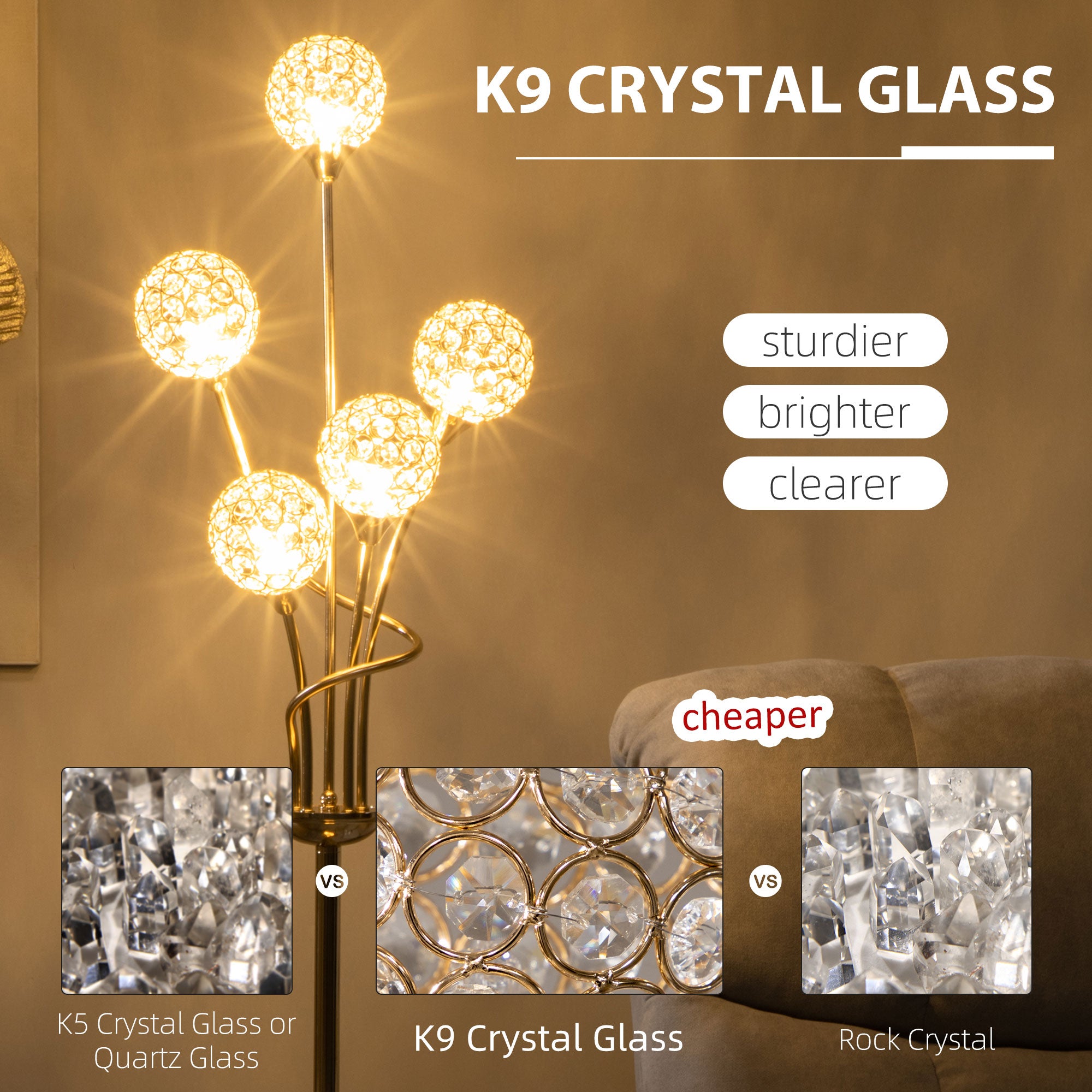 Modern Crystal 5-Light Upright Floor Lamp 156cm for Living Room Bedroom - Gold Tone